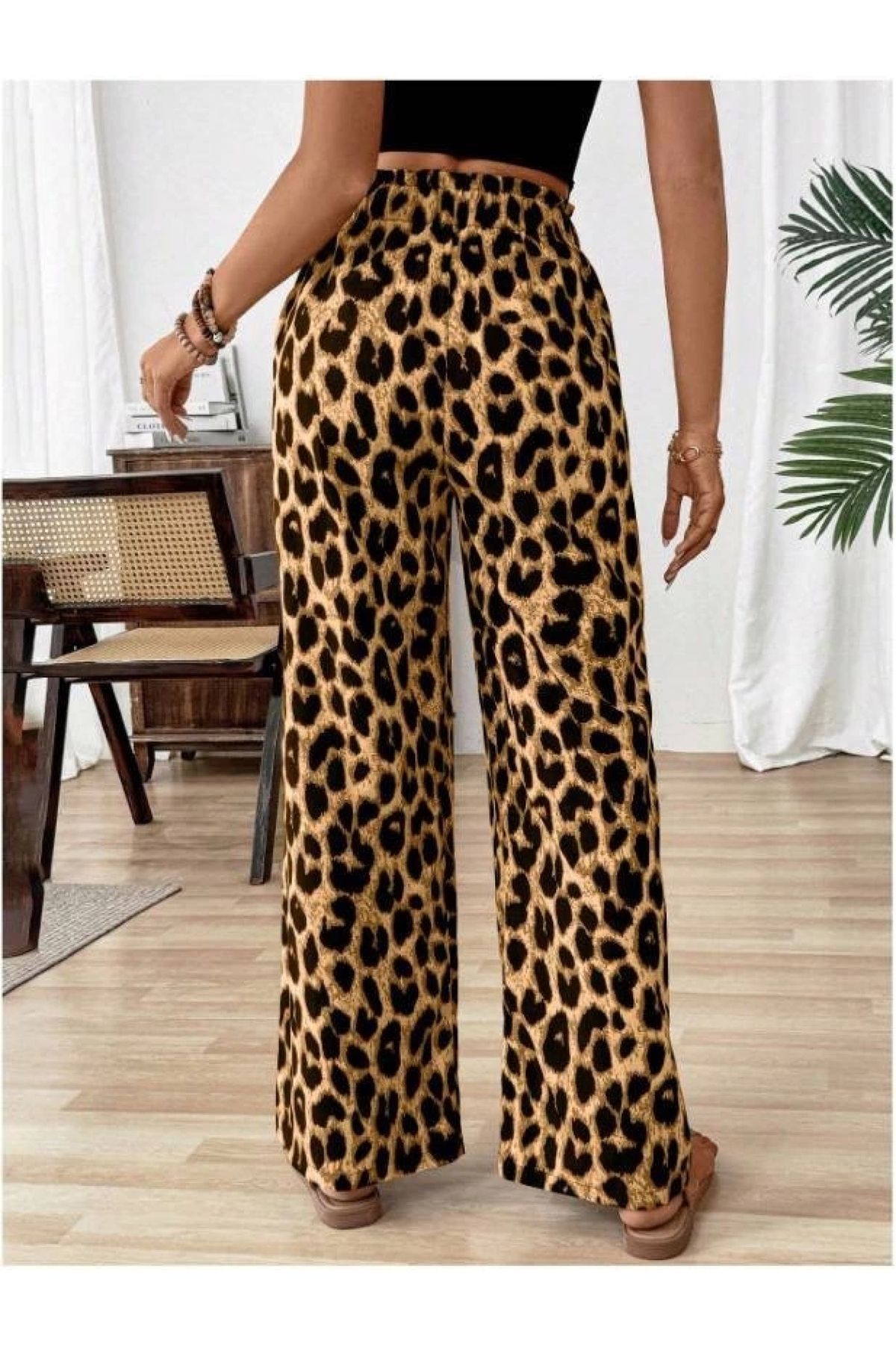 POLEXP Yüksek Kaliteli Leopar Desen Beli Lastikli Kadın Pantolon