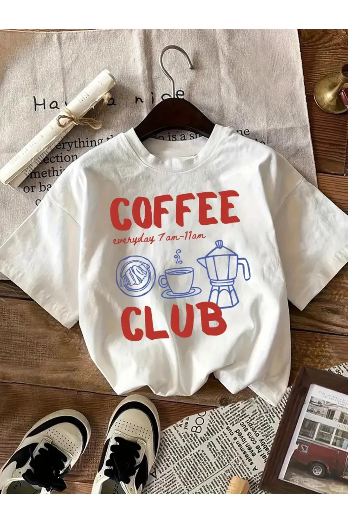 Koklonmoda Unisex Coffee Club Baskılı Oversize T-Shirt