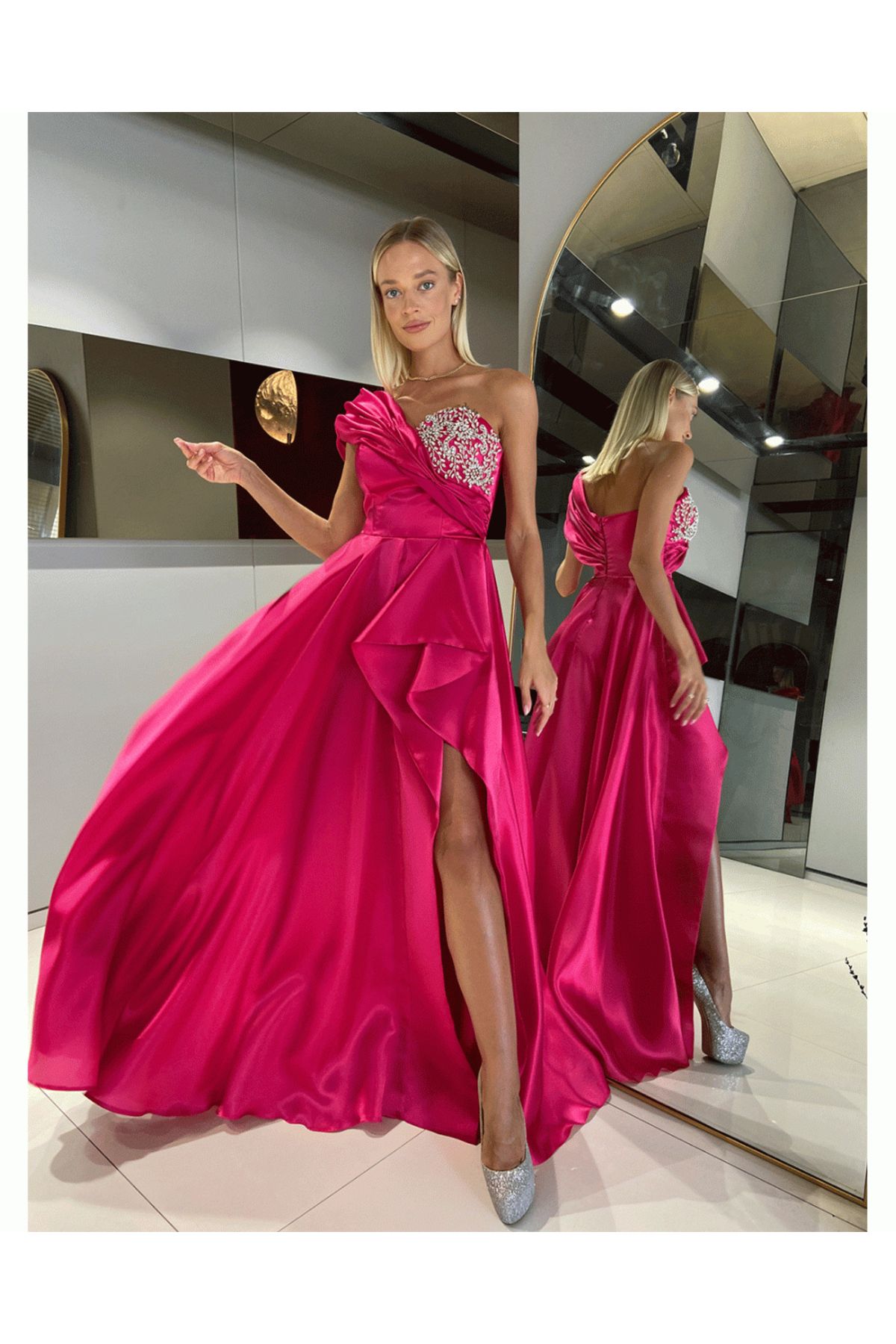 Organza Butik Tek omuz yaka detaylı elbise