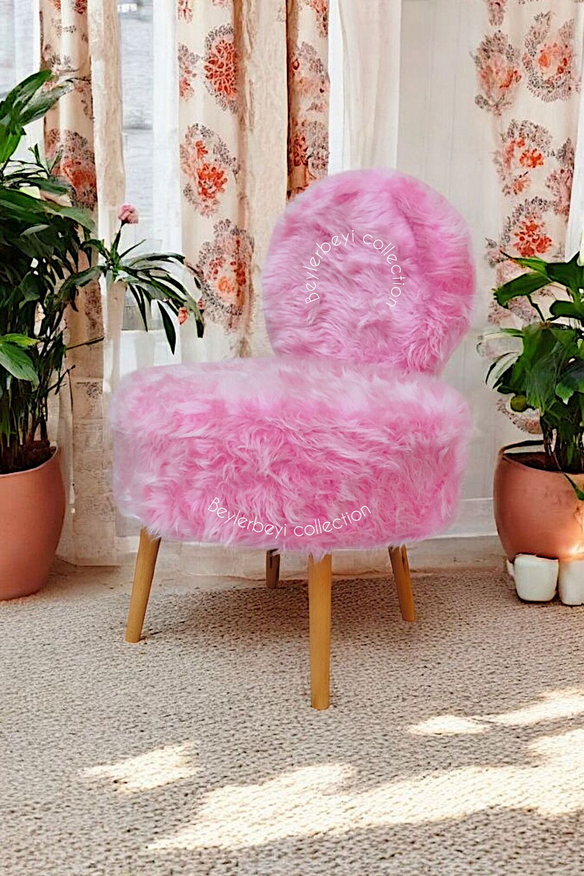 BEYLERBEYİ Tekli koltuk, uzun tüylü, pembe peluş, makyaj berjeri , dekoratif mekan koltuk,