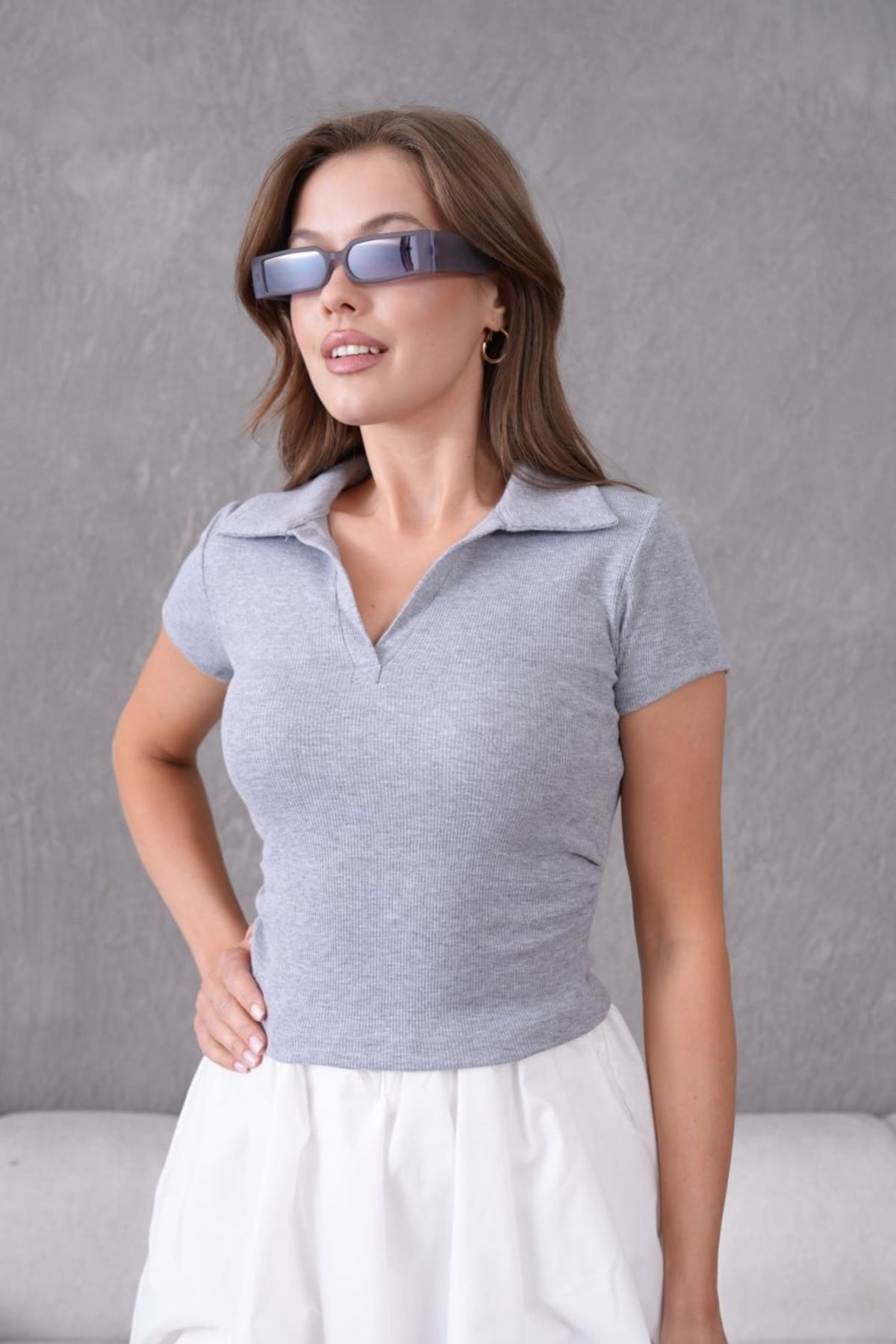 Noi Belis Gri Büzgü/drape Detaylı Polo Yaka Vücuda Oturan/fitted Ince Yazlık Bluz Ss25bz0028