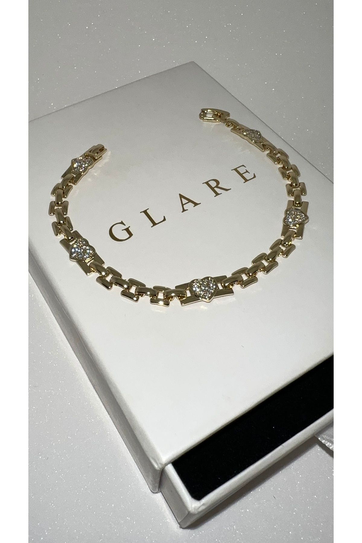 GLARE JEWELRY Gümüş Rodyumlu Kalpli Taşlı Tasarım Pırlanta Modeli Zincir Çelik Bileklik 15+3cm