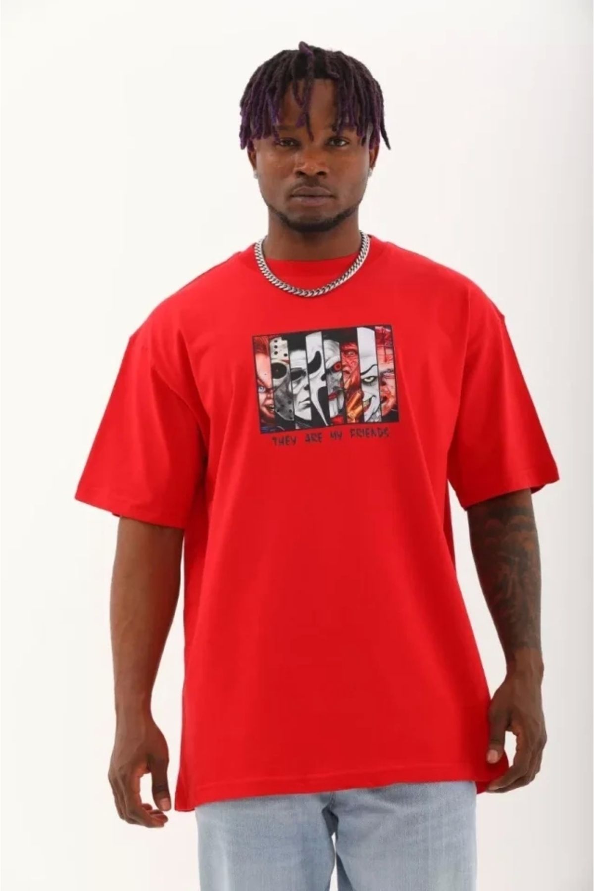 Butik Unisex Oversize Baskılı Bisiklet Yaka T-Shirt - Kırmızı