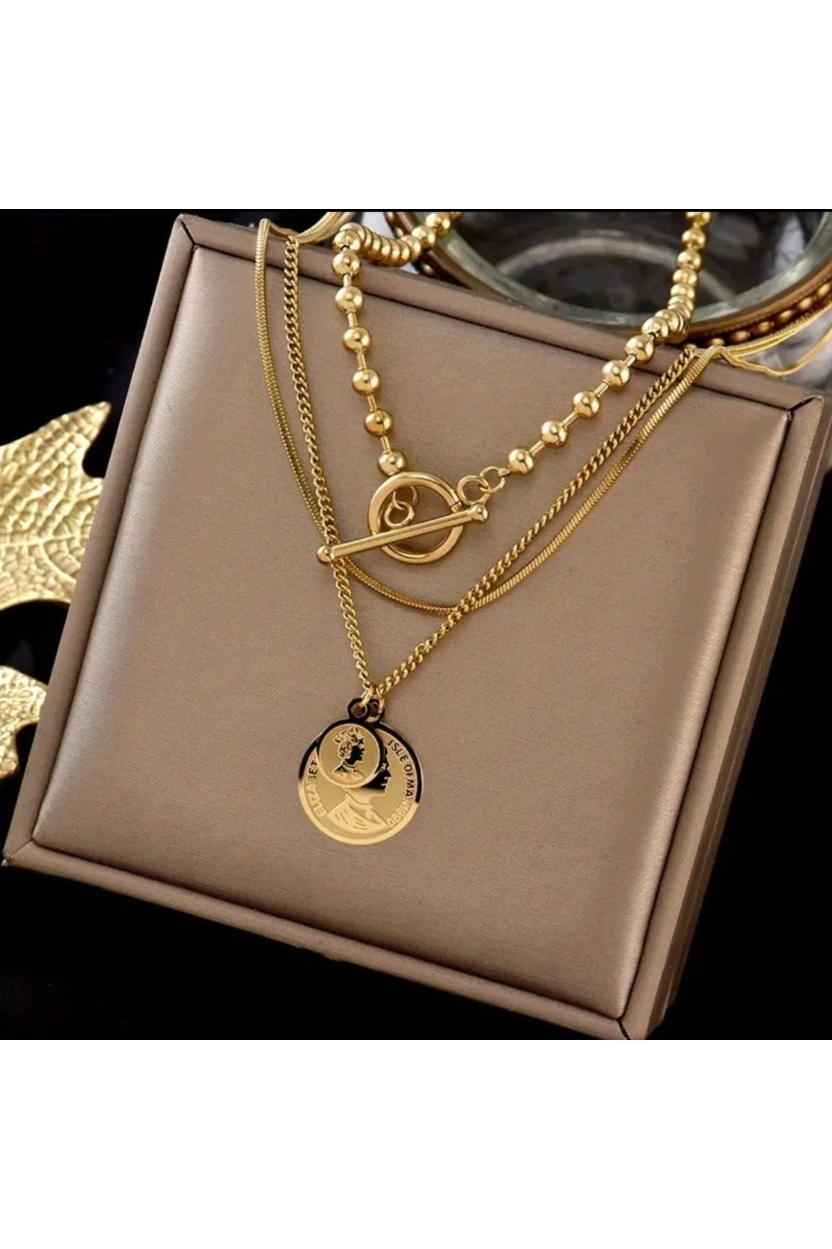 Pinkimaj ÇELİK KOLYE ÇOKLU MODEL GOLD ELIZABETH TEMALI