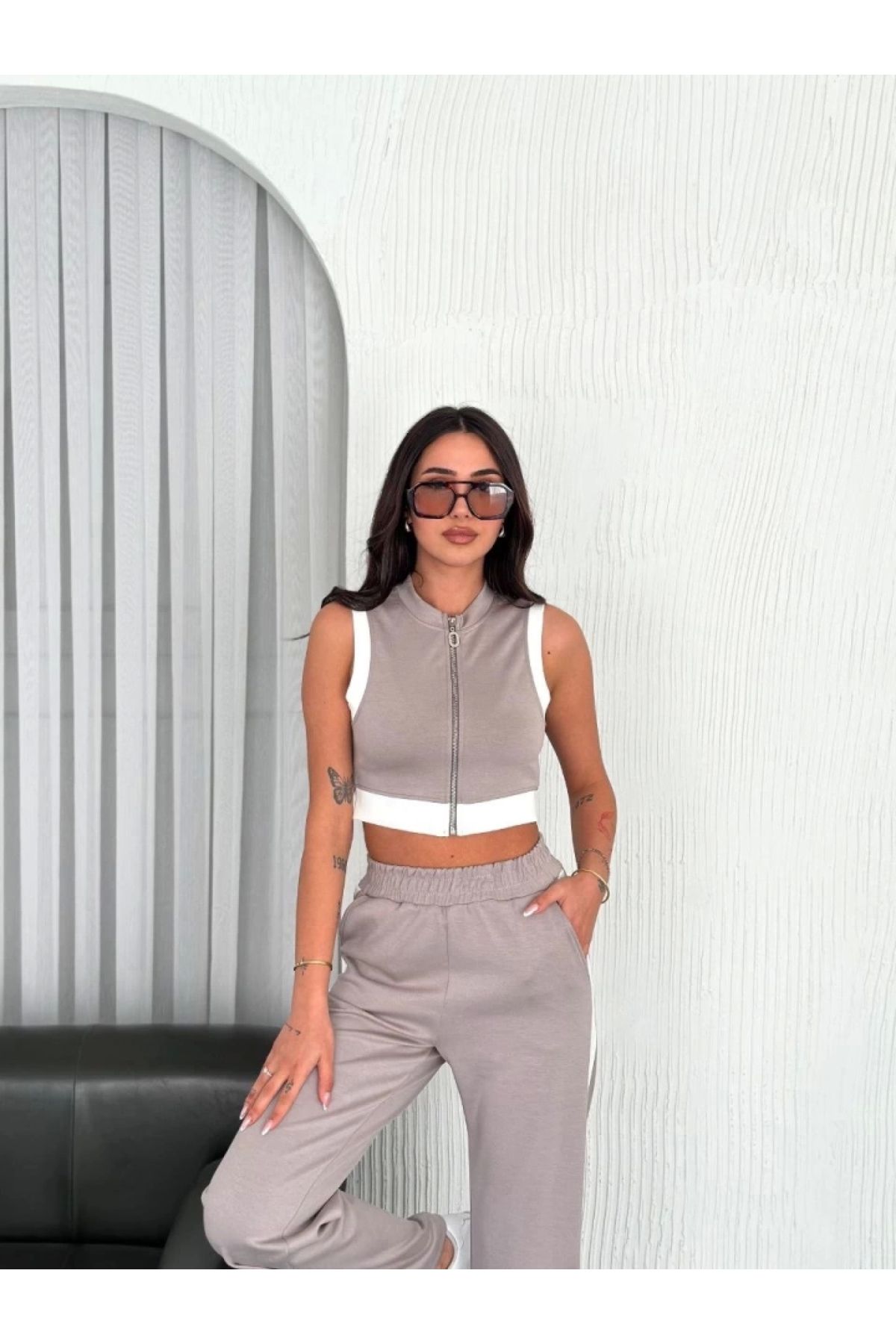 POLEXP Osy Modal Yumuşak Dokulu Kumaş Tam Fermuarlı Crop Pantalon İkili Takım - Gri
