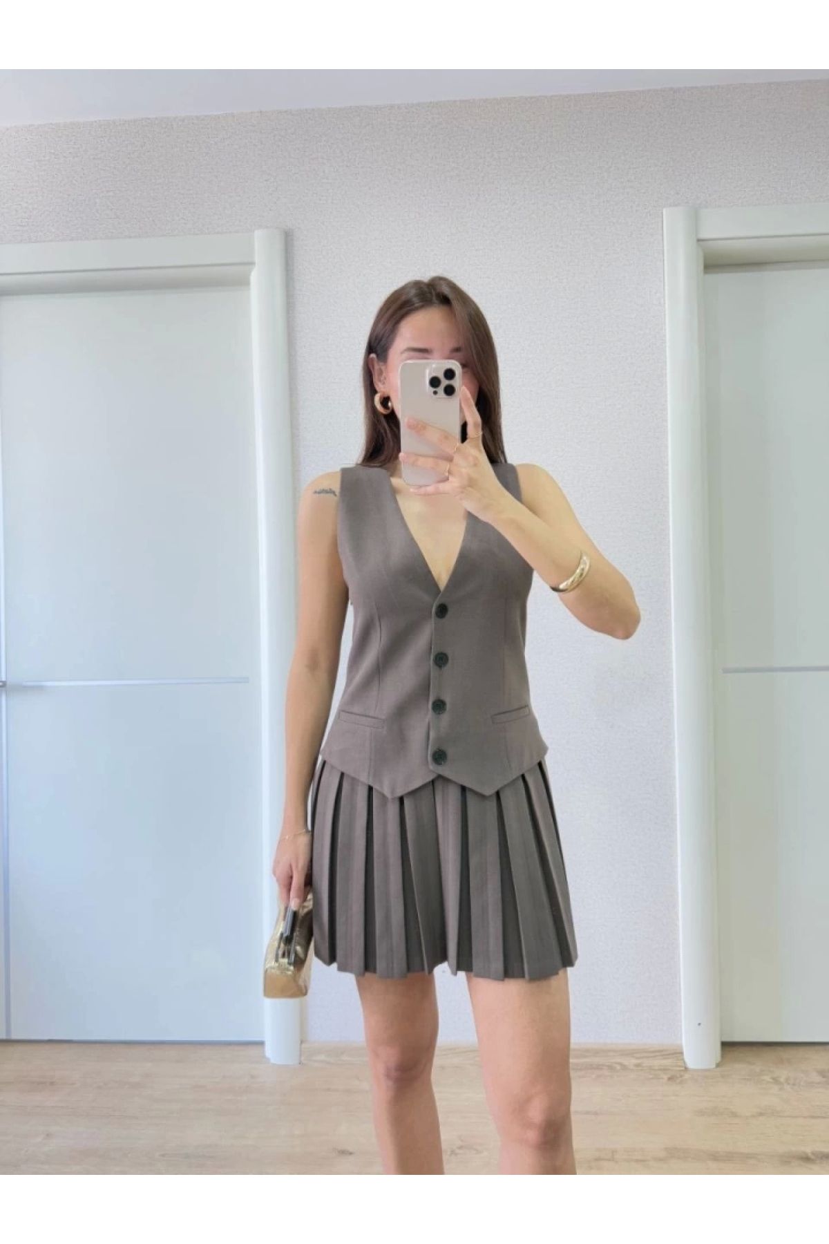 POLEXP Füme Yelek Detaylı Mini Elbise