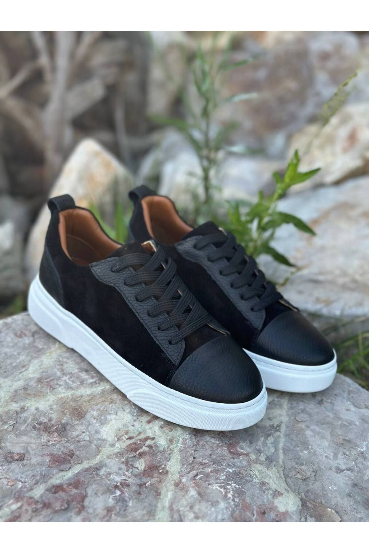 DERWARDEIN Siyah Süet Erkek Spor Ayakkabı Hakiki Deri - Günlük Sneaker Modeli