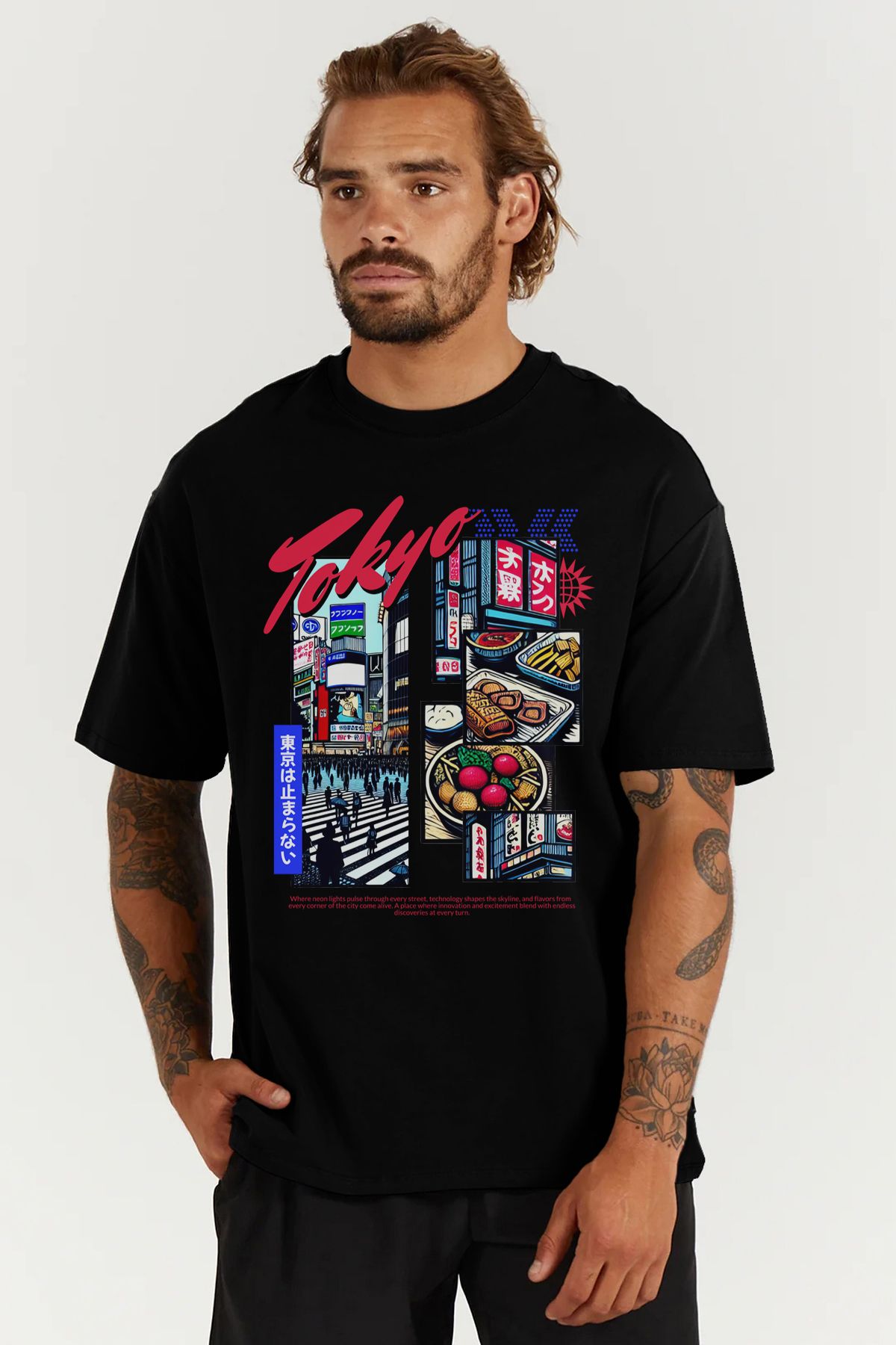 MODA Tokyo Japan Baskılı Oversize Kalıp Siyah Geniş Bol Kesim Erkek Tişört