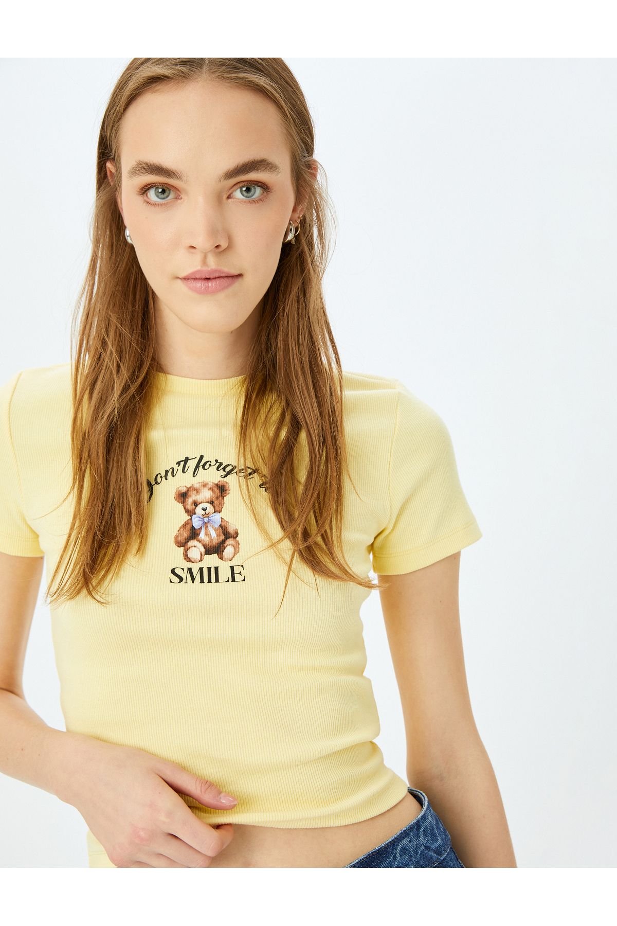 Koton Yeni Sezon Ayı Baskılı Kısa Kollu Bisiklet Yaka Slim Fit Tişört