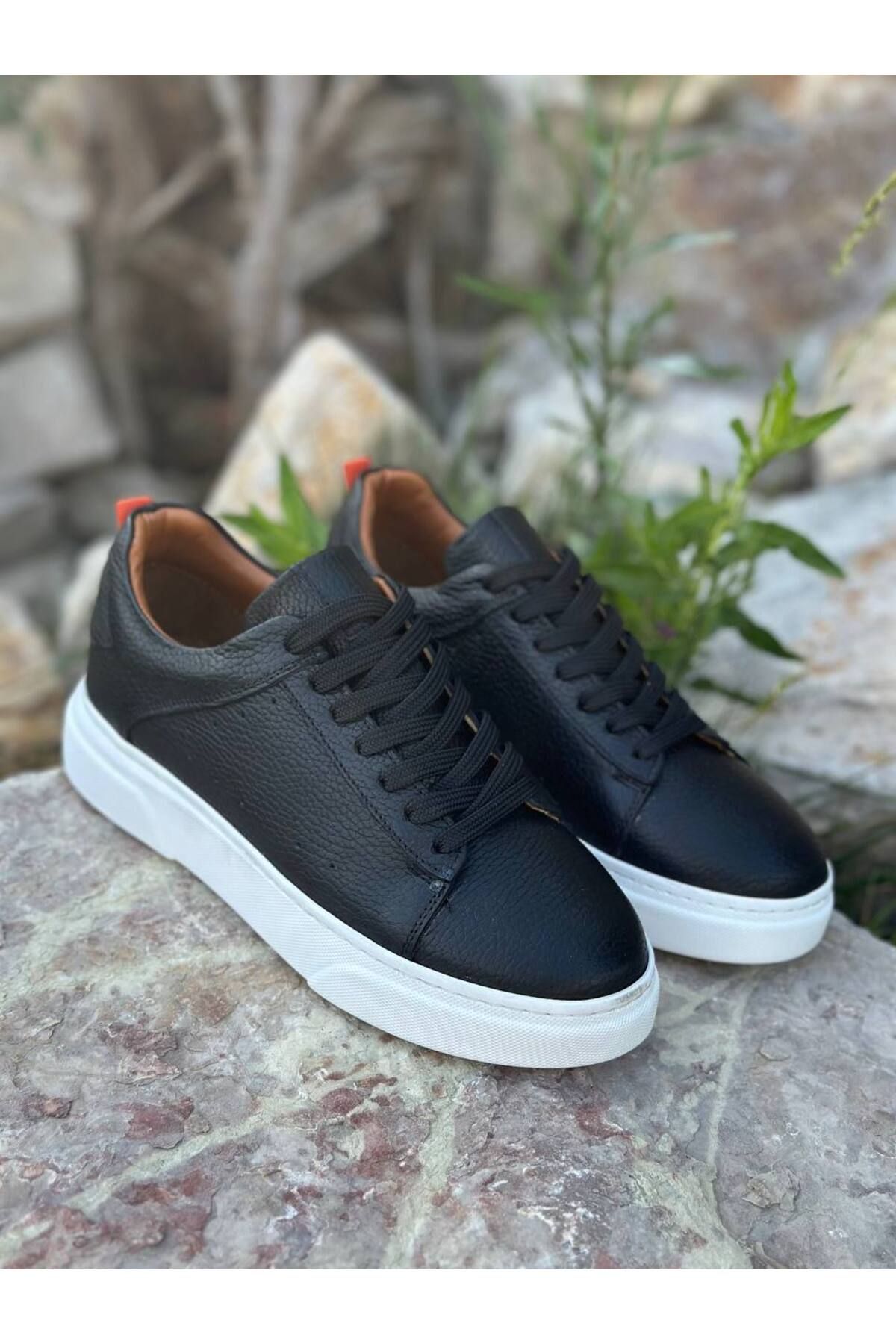 DERWARDEIN Siyah Erkek Spor Ayakkabı Hakiki Deri - Günlük Sneaker Modeli