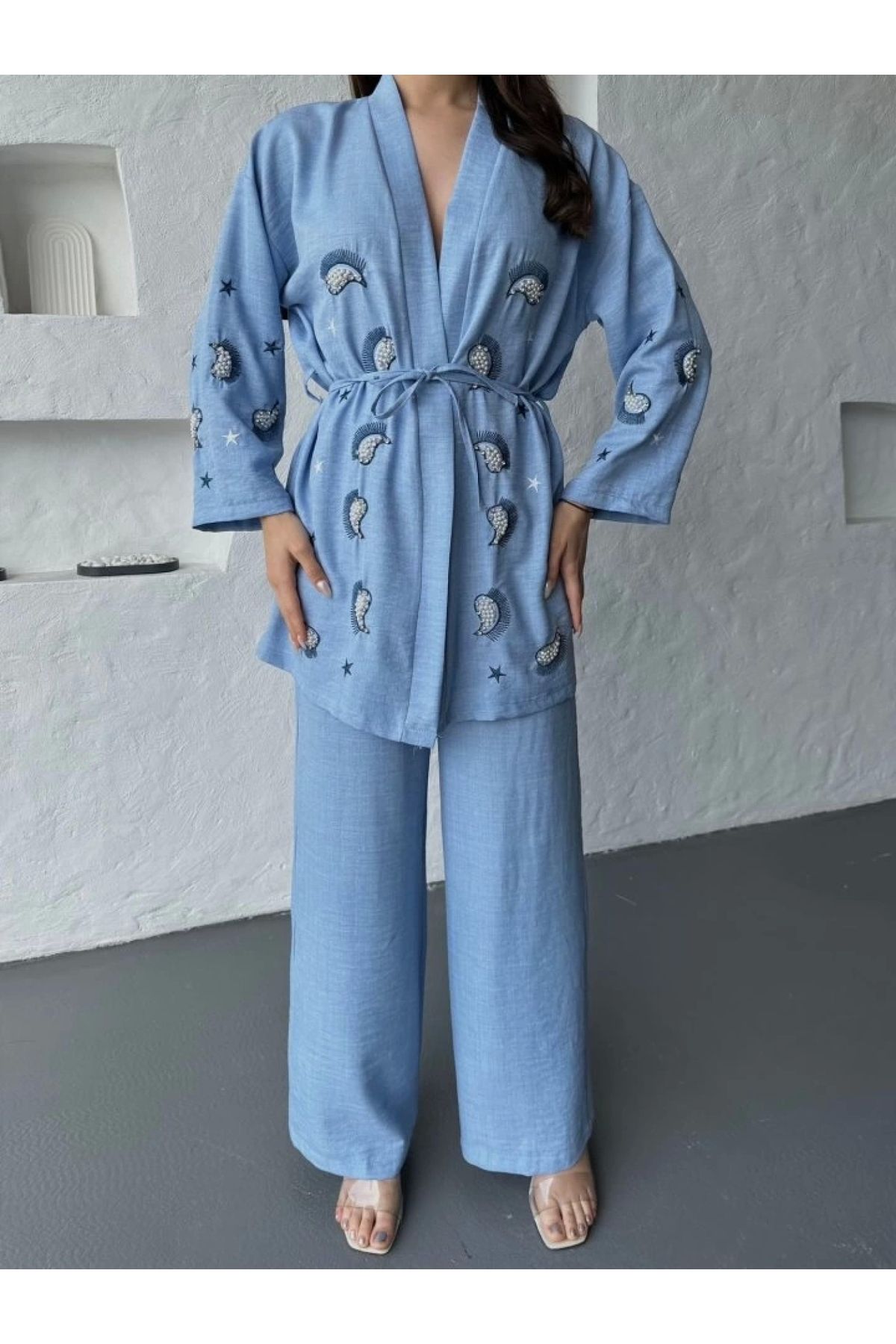 POLEXP Bohem Esintili El İşlemeli Kimono & Pantolon Takımı – Rahat Kadın Kombini