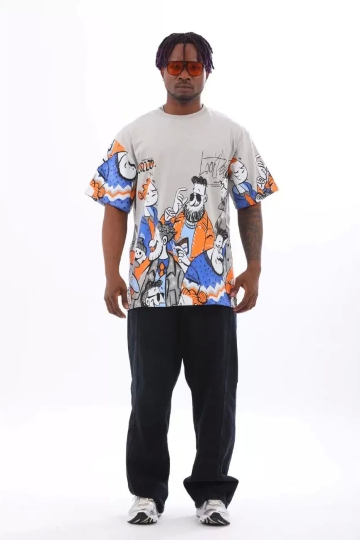 Butik Unisex Oversize Baskılı Bisiklet Yaka T-Shirt - Gri