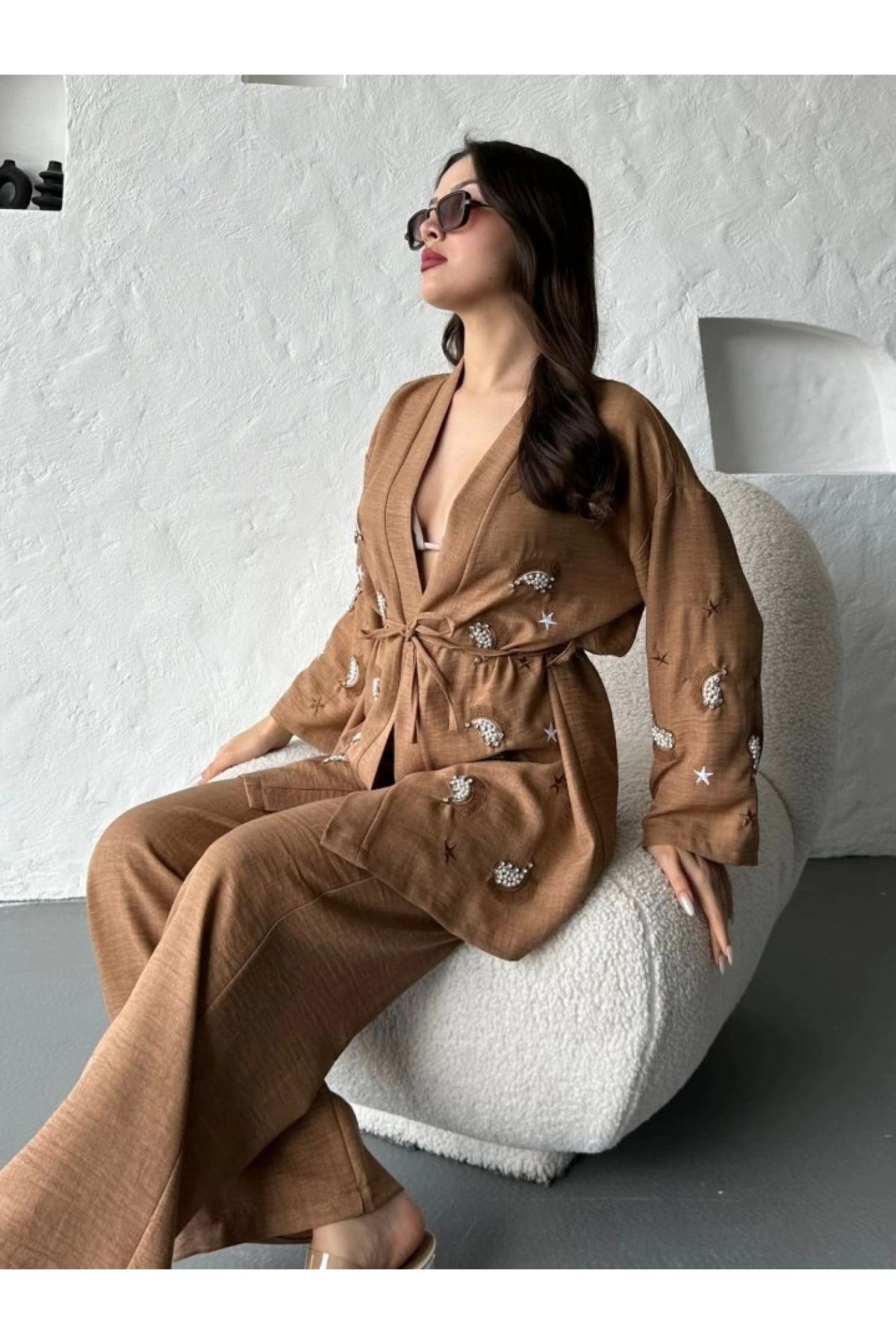 POLEXP El İşlemeli Nakışlı Kimono ve Pantolon Takımı – Kadın Rahat İkili Set