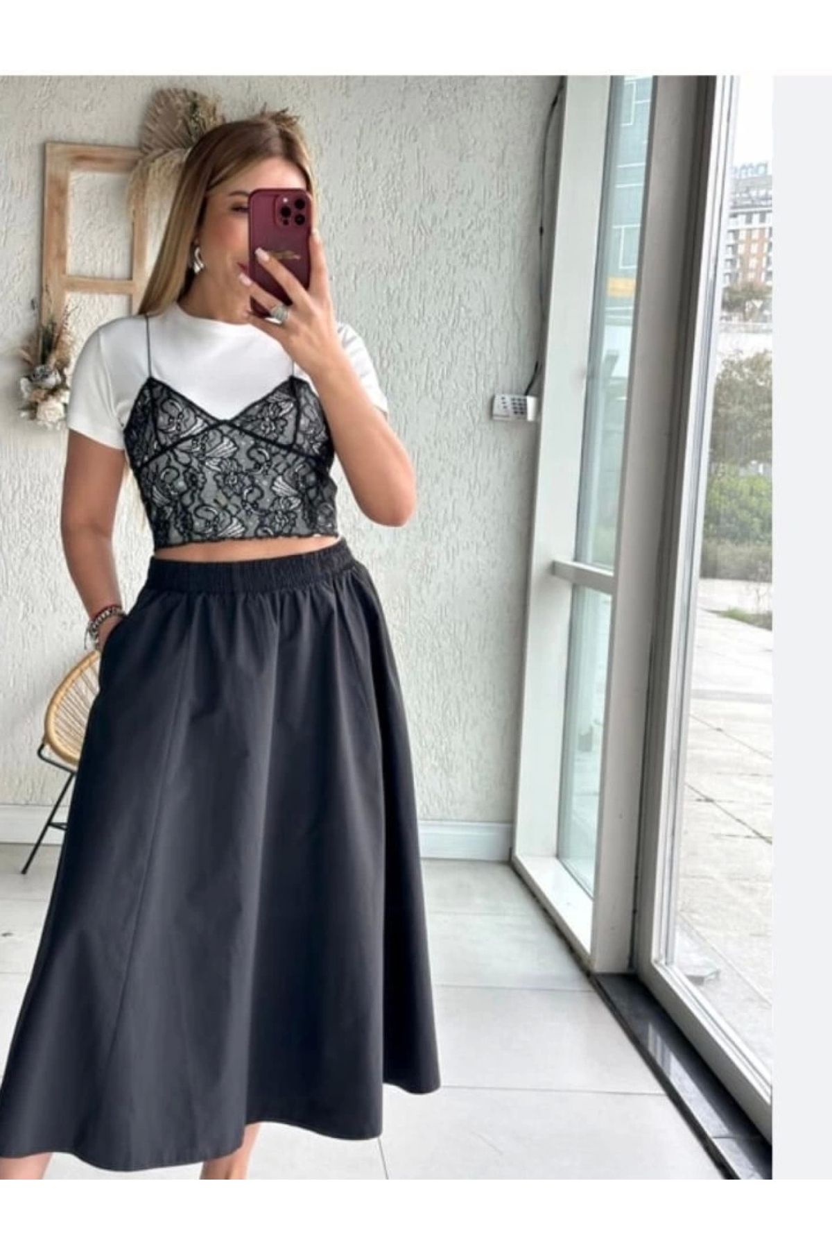 POLEXP Esnek Bel Detaylı Midi Etek