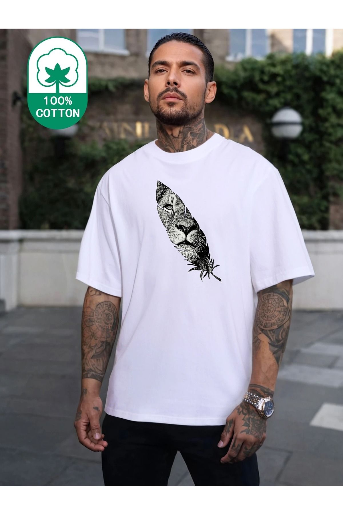 Massgai Unisex Aslan Tiger Baskılı Oversize %100 Pamuk T-shirt