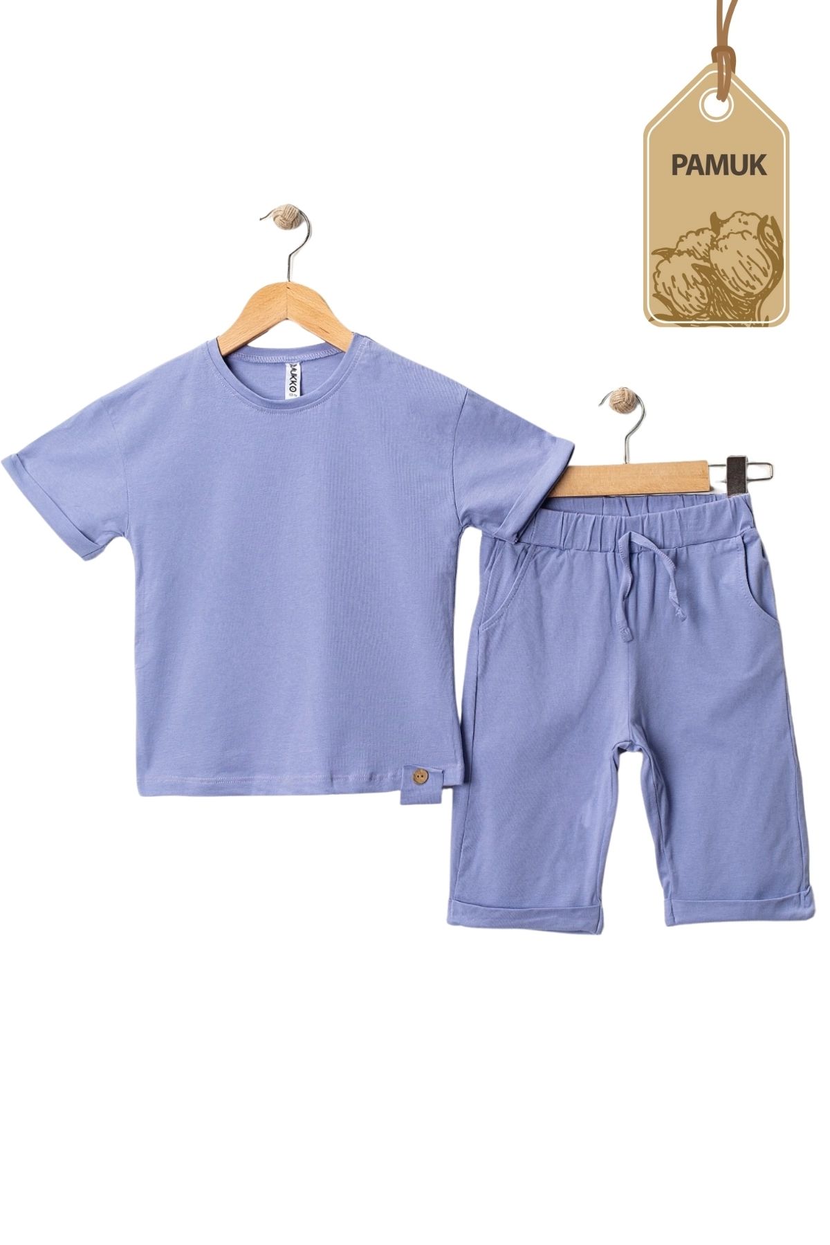 MK Mukko Kids Kız Erkek Çocuk Tahta Düğmeli Tasarım Basic Yazlık Lila Alt Üst Takım