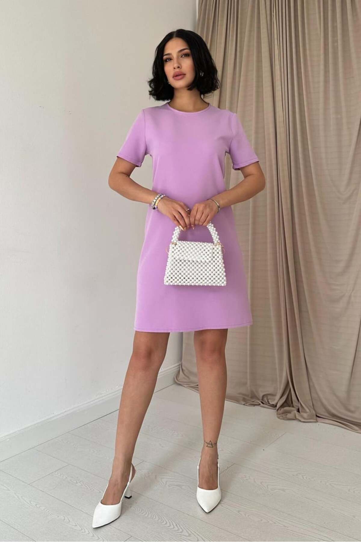 369 etnik butik Basic Düz Kesim Mini Elbise - Kısa Kollu