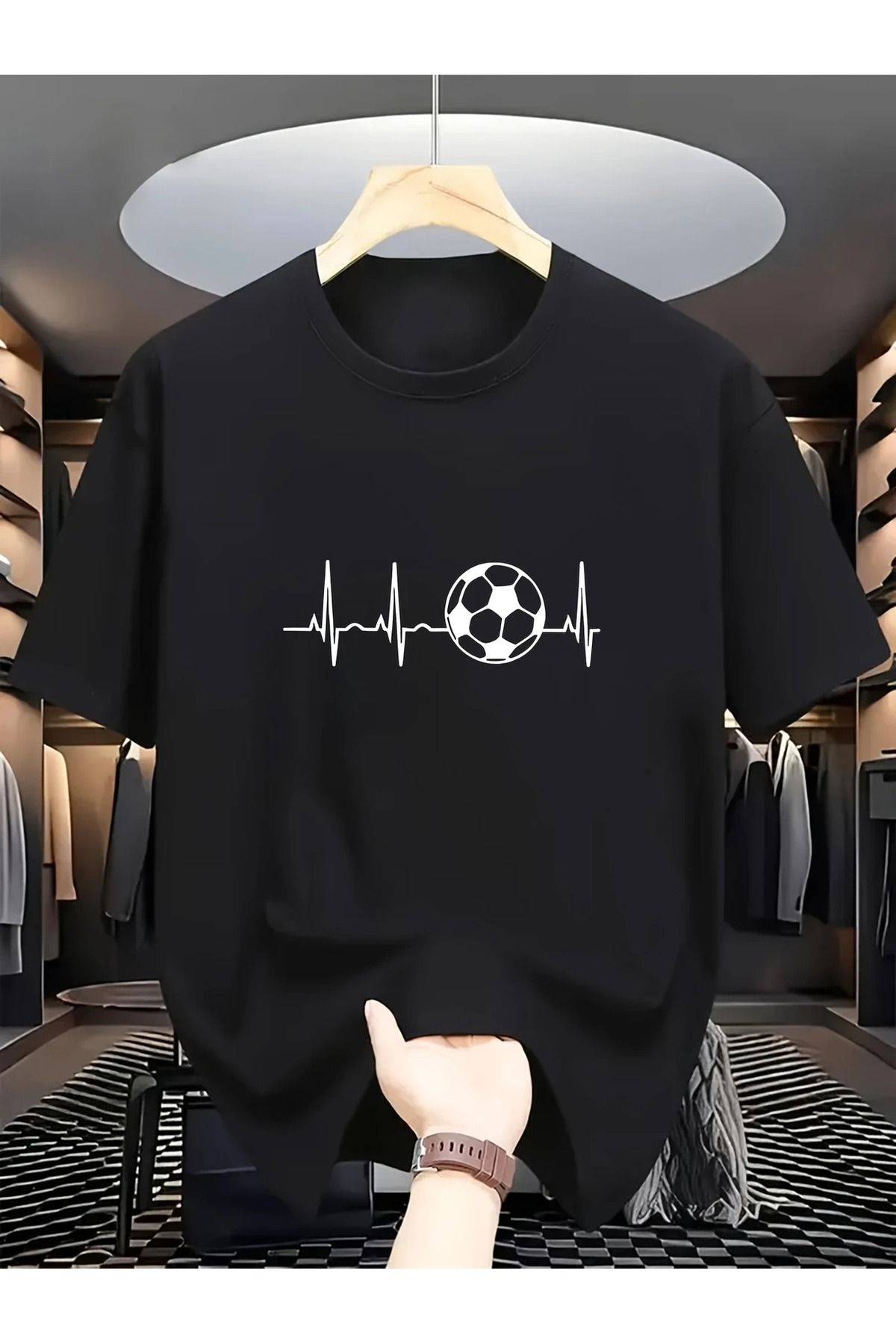 Massgai Unisex Ritim Ekg Futbol Topu Baskılı Oversize %100 Pamuk T-shirt