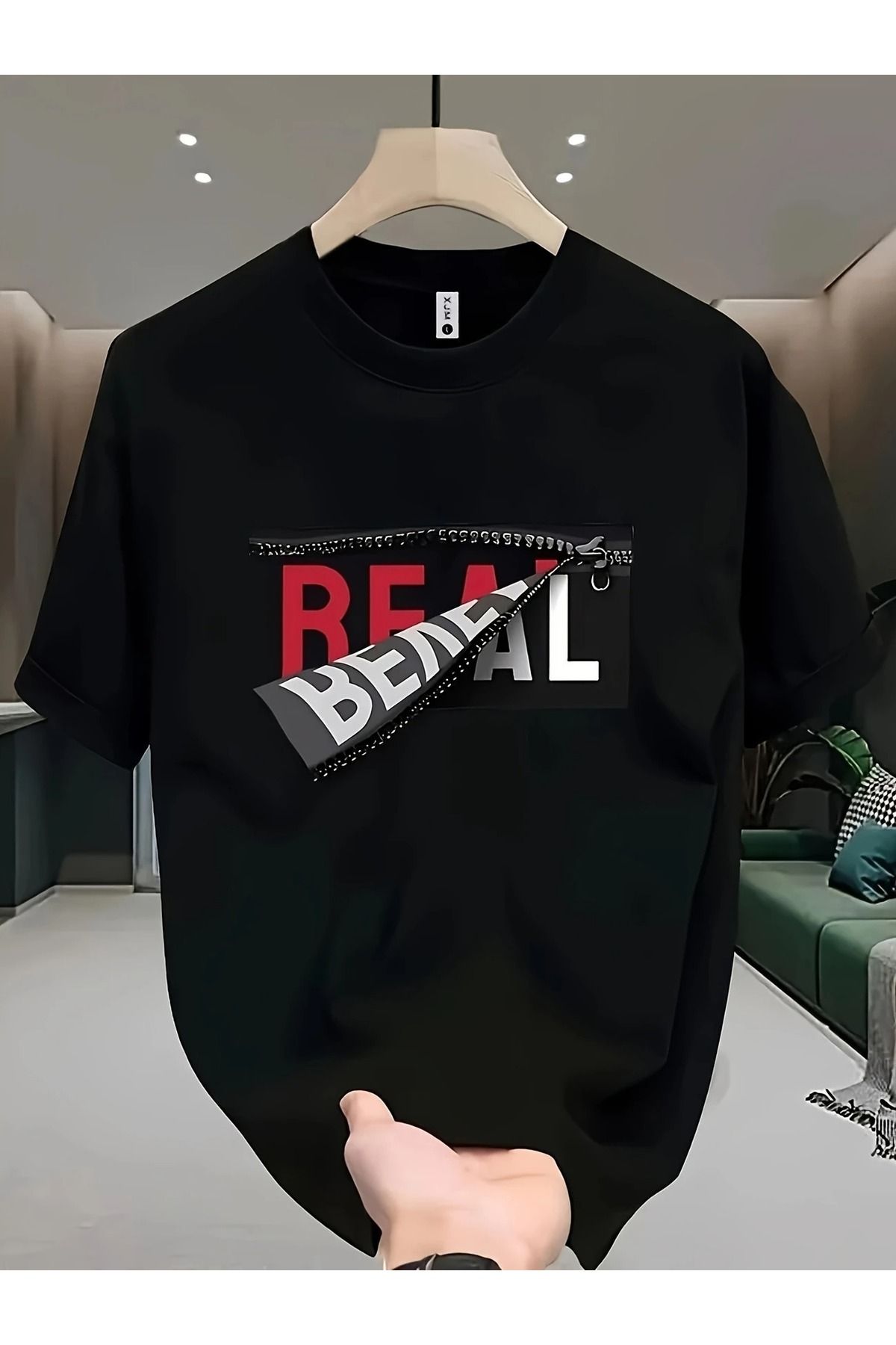 Massgai Unisex Real Fermuar Baskılı Oversize %100 Pamuk T-shirt