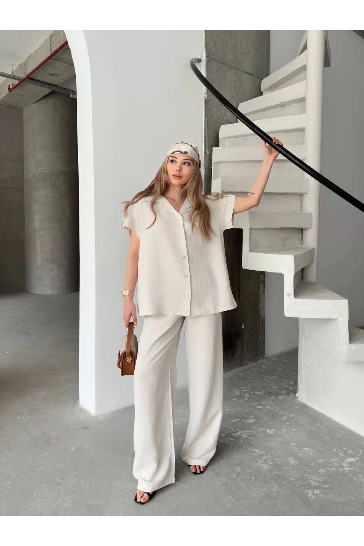 BBbutik Keten Kısa Kollu Cepli Gömlek Pantolon ikili Takım - Beyaz