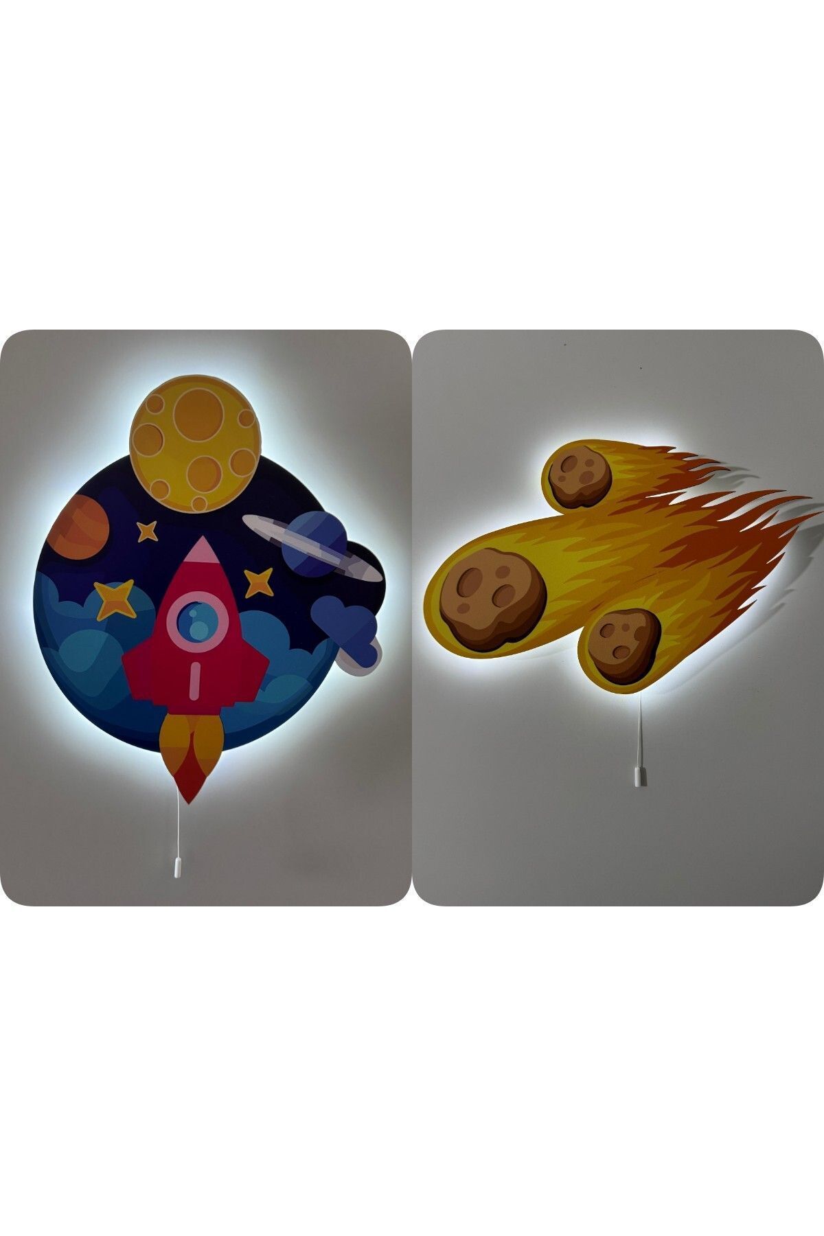 SerenityHaven Dekoratif Ahşap Baskılı Roketli Uzay ve Uzay Temalı Çocuk Odası Gece Lambası (2'Lİ ÜRÜN)