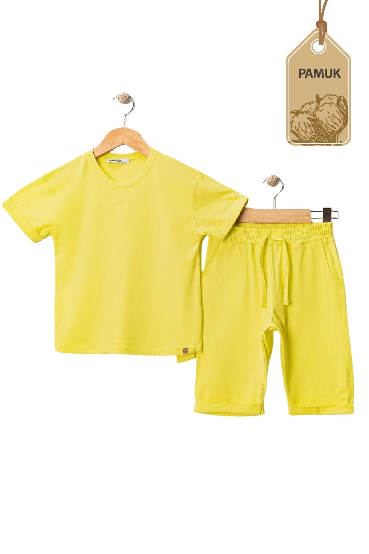 MK Mukko Kids Kız Erkek Çocuk Tahta Düğmeli Tasarım Basic Yazlık Sarı Alt Üst Takım