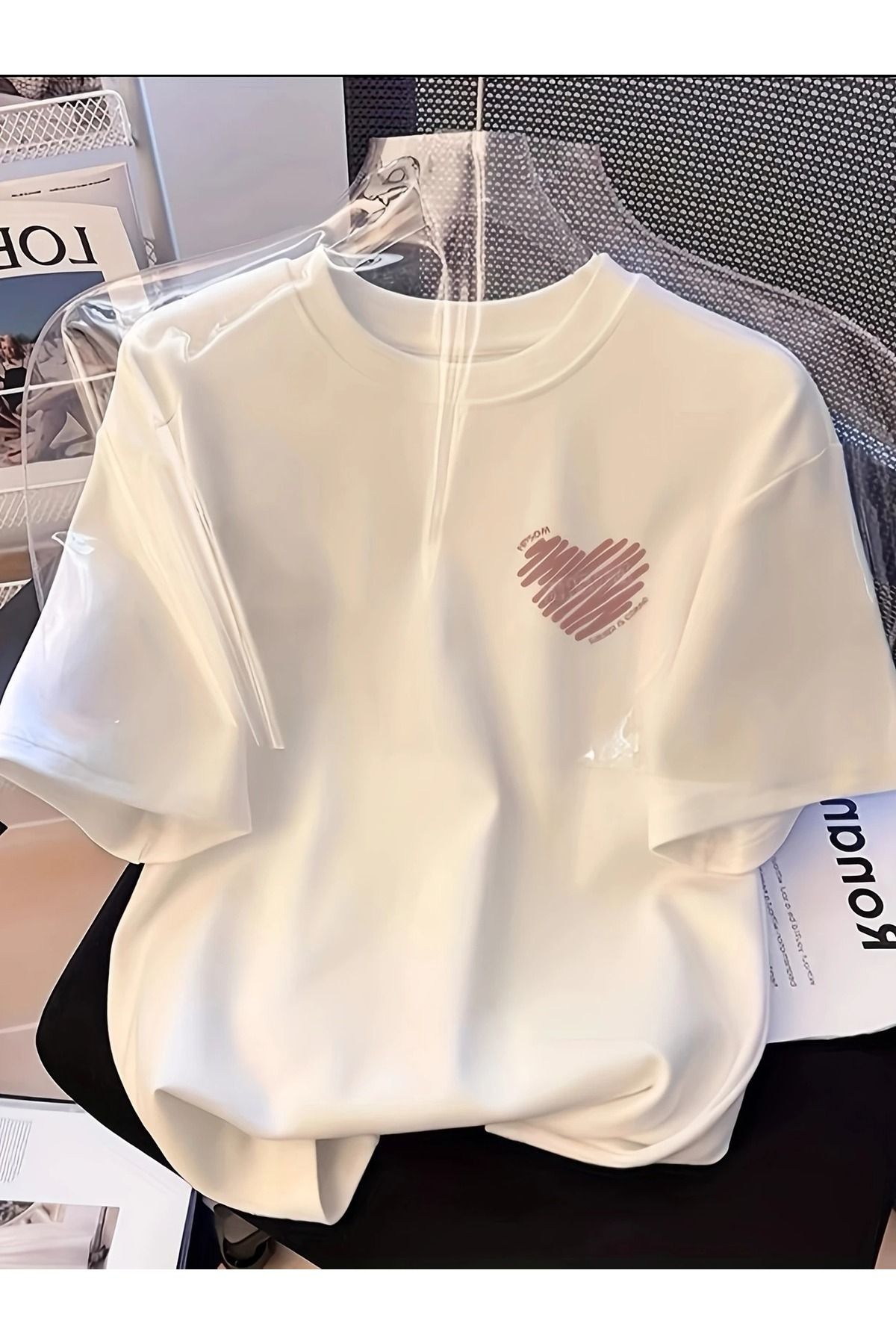 Massgai Unisex Kalp Heart Şekil Çizgi Baskılı Oversize %100 Pamuk T-shirt