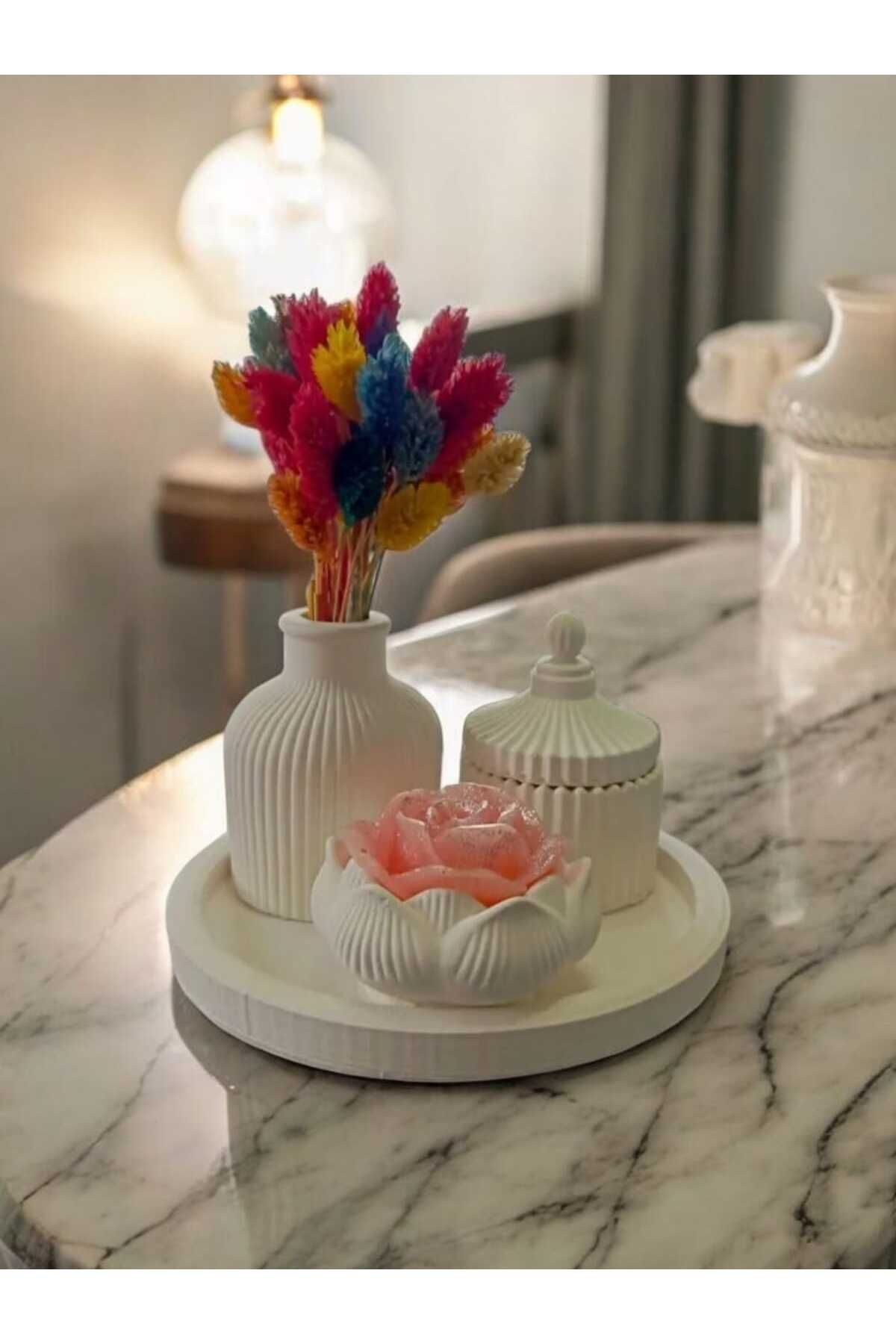 AYŞEM Dekoratif Hediyelik Vazo Seti,Lotus Çiçeği,Yuvarlak Tepsili