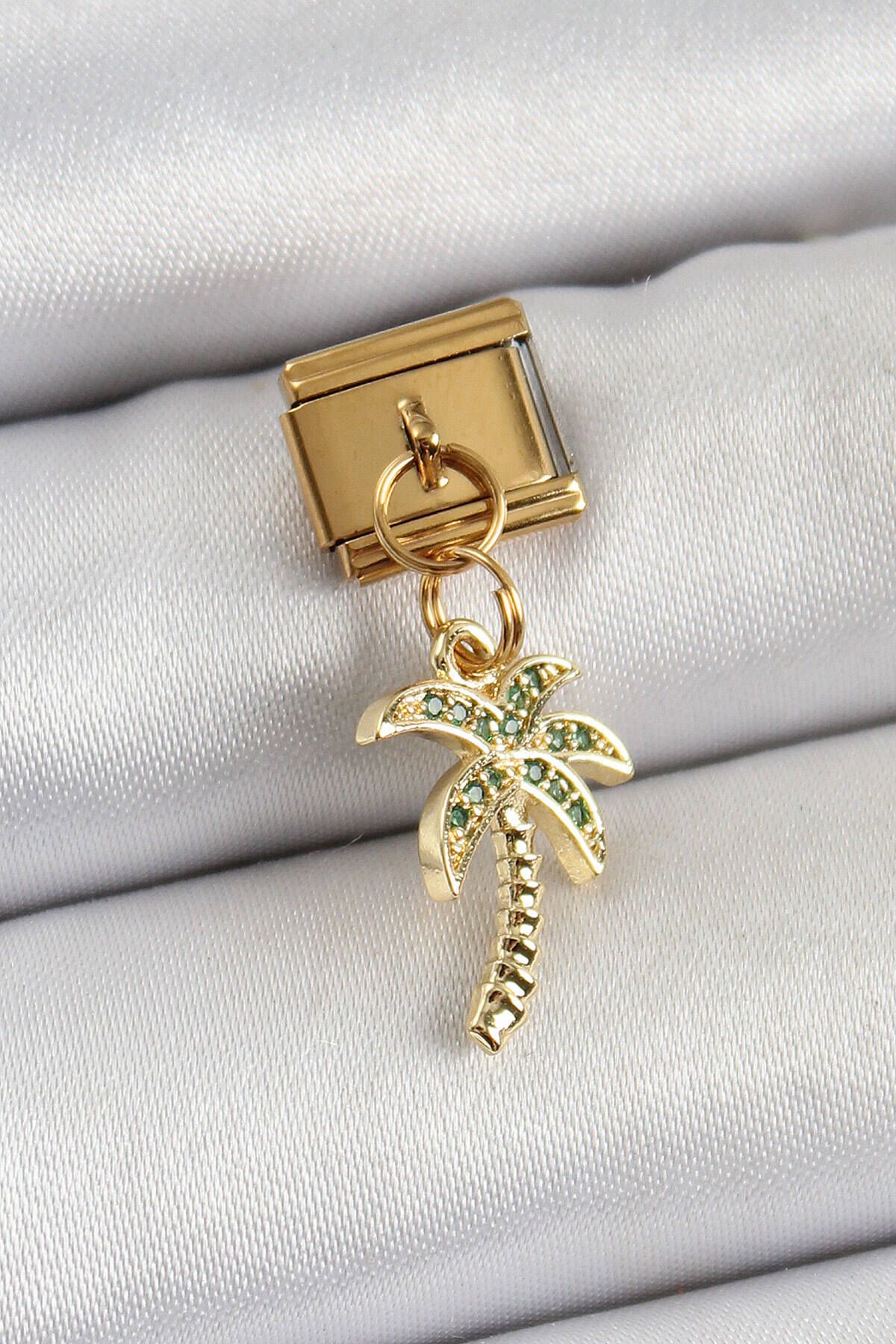 Avantaj Kapıda ® 316L Çelik Sallantılı Zirkon Taşlı Palmiye Ağacı Model Gold Renk Nomination Charm