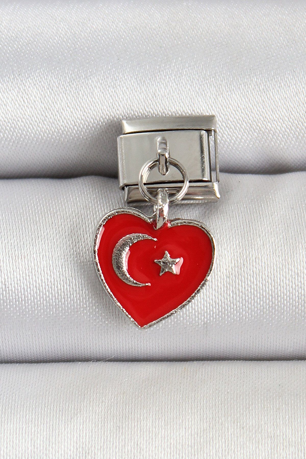 Avantaj Kapıda ® 316L Çelik Gümüş Renk Kalp Türk Bayrağı Model Nomination Charm