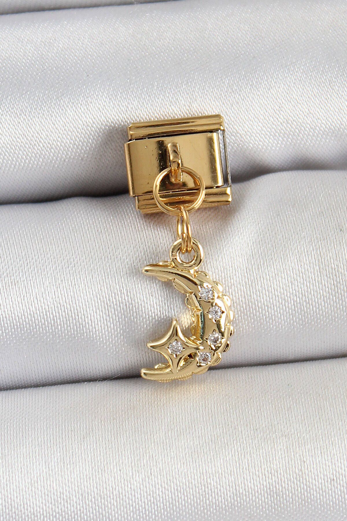 Avantaj Kapıda ® 316L Çelik Sallantılı Zirkon Taşlı Ay Model Gold Renk Nomination Charm