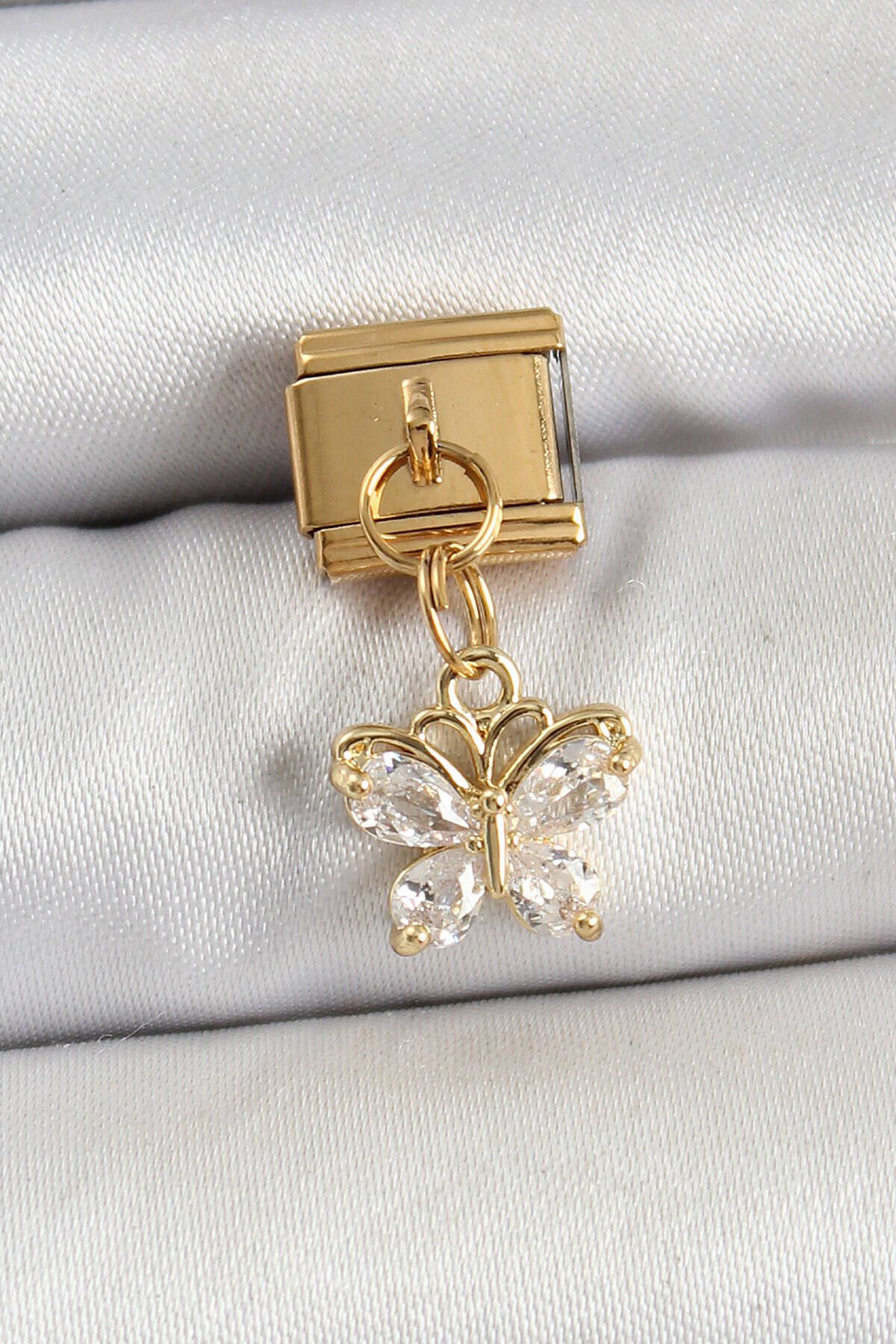 Avantaj Kapıda ® 316L Çelik Sallantılı Zirkon Taşlı Kelebek Model Gold Renk Nomination Charm