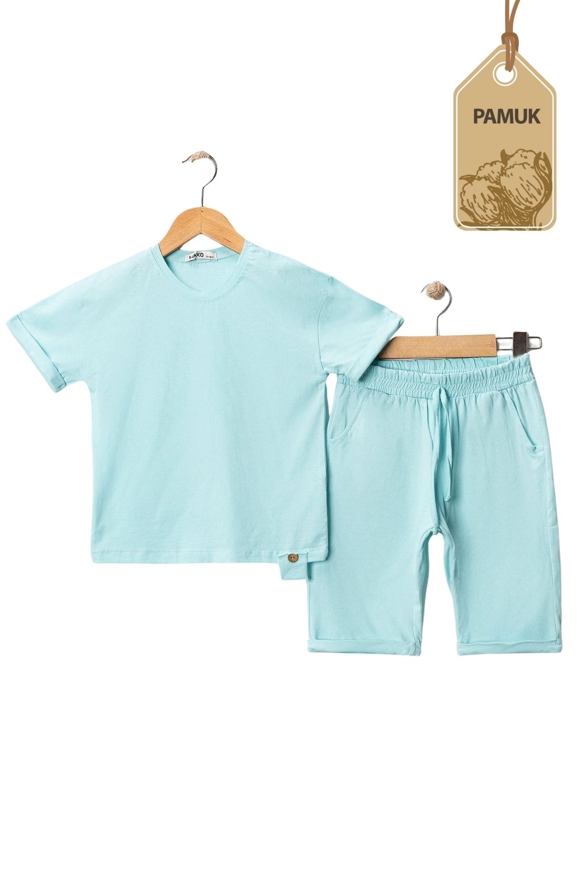 MK Mukko Kids Kız Erkek Çocuk Tahta Düğmeli Tasarım Basic Yazlık Mint Alt Üst Takım