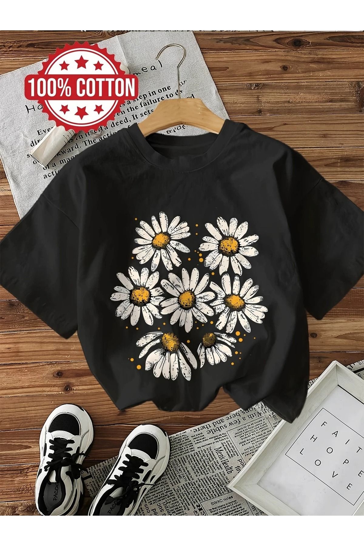 Massgai Unisex Papatyalar Flowers Daisy Baskılı Oversize %100 Pamuk T-shirt