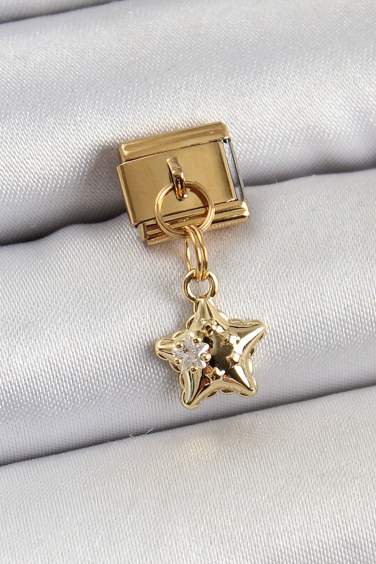 Avantaj Kapıda ® 316L Çelik Sallantılı Zirkon Taşlı Yıldız Model Gold Renk Nomination Charm
