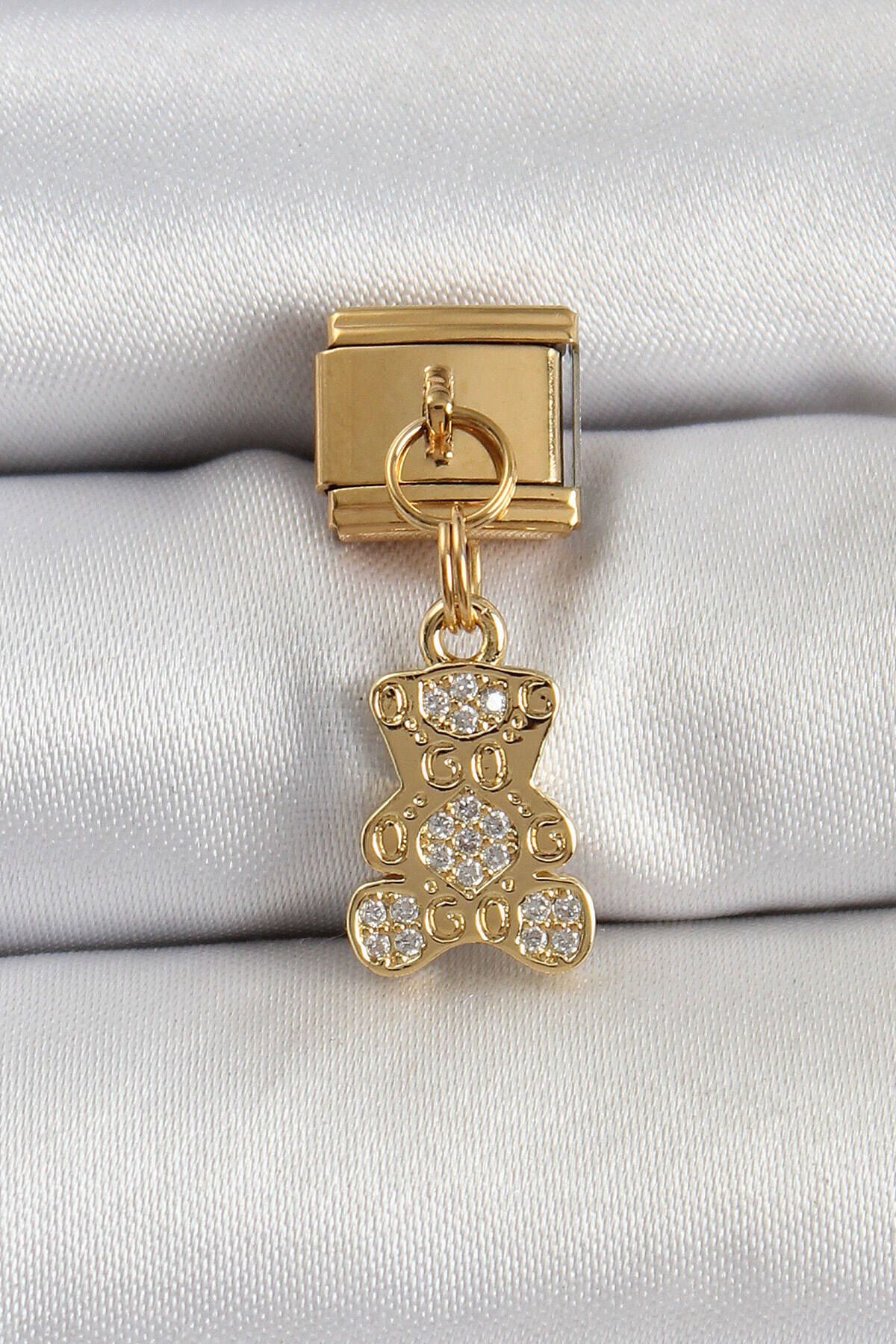 Avantaj Kapıda ® 316L Çelik Sallantılı Zirkon Taşlı Ayıcık Model Gold Renk Nomination Charm