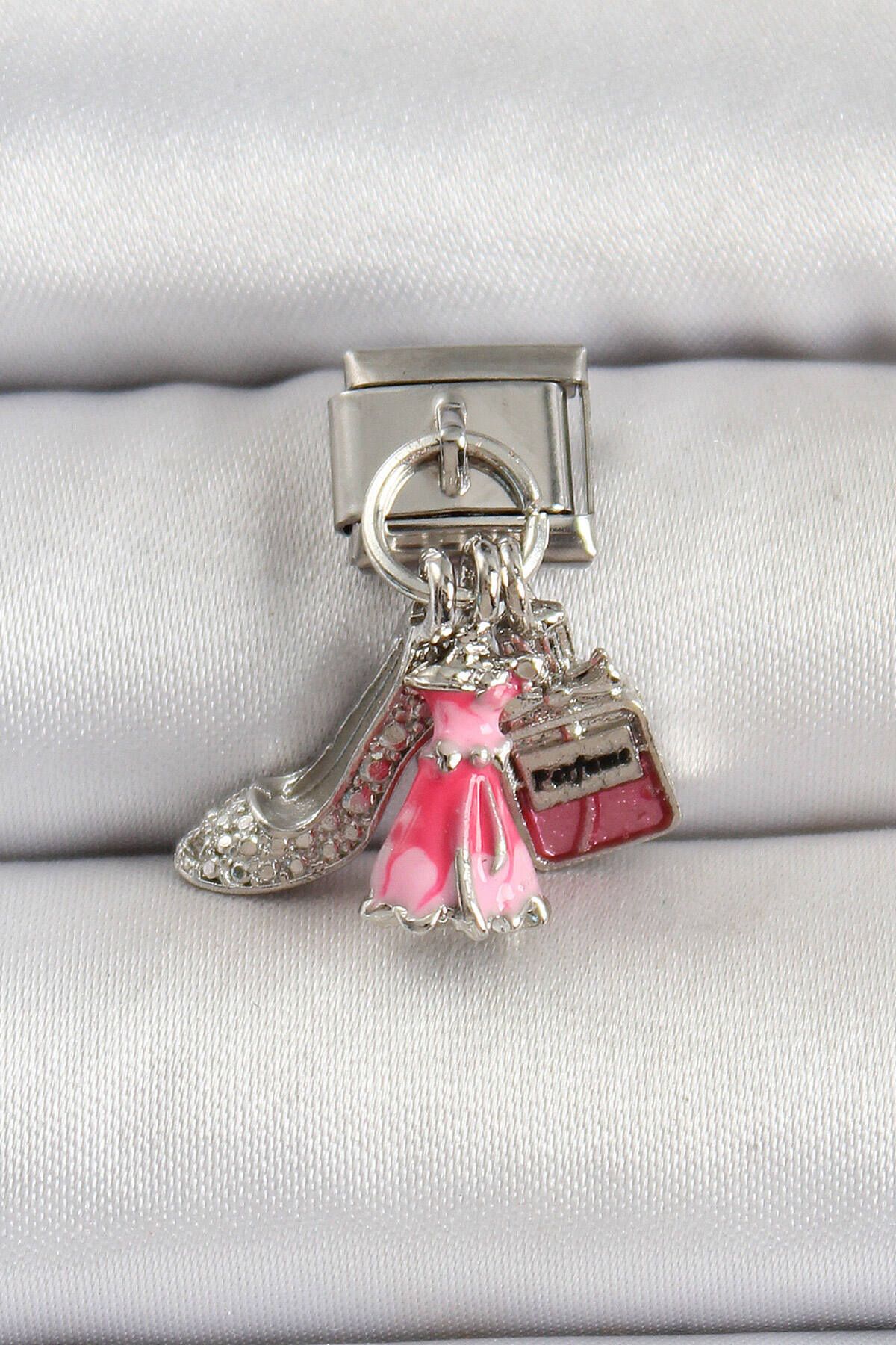 Avantaj Kapıda ® 316L Çelik Gümüş Renk Pembe Elbise Kombini Model Nomination Charm