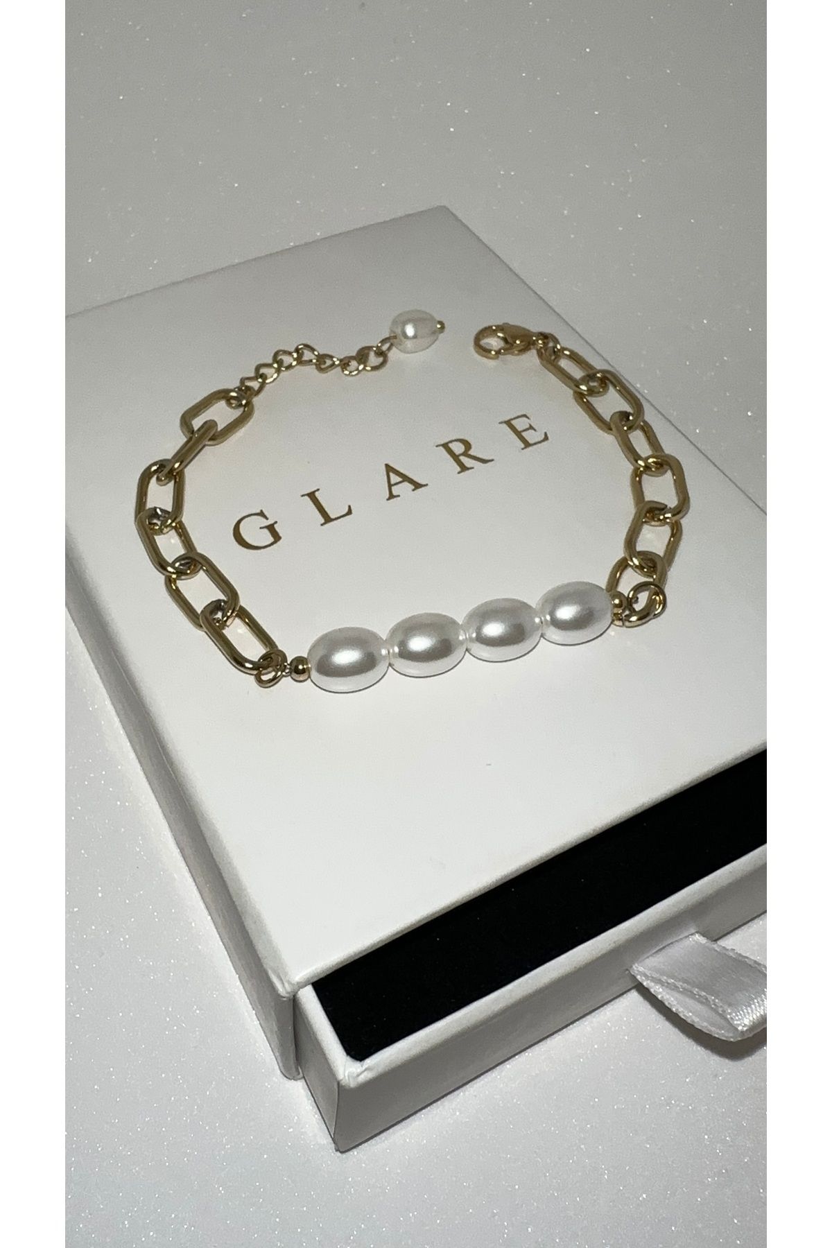 GLARE JEWELRY İncili Alaçatı Modeli Zincir Çelik Bileklik 15+3cm