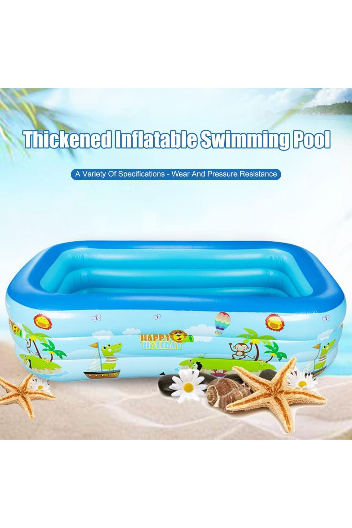 Joyful Box-Inflatable Pool with 3 Rings Joyful Box, 180 x 140 x 51 cm, Double Soft Seat, Blue with Drawings for 5