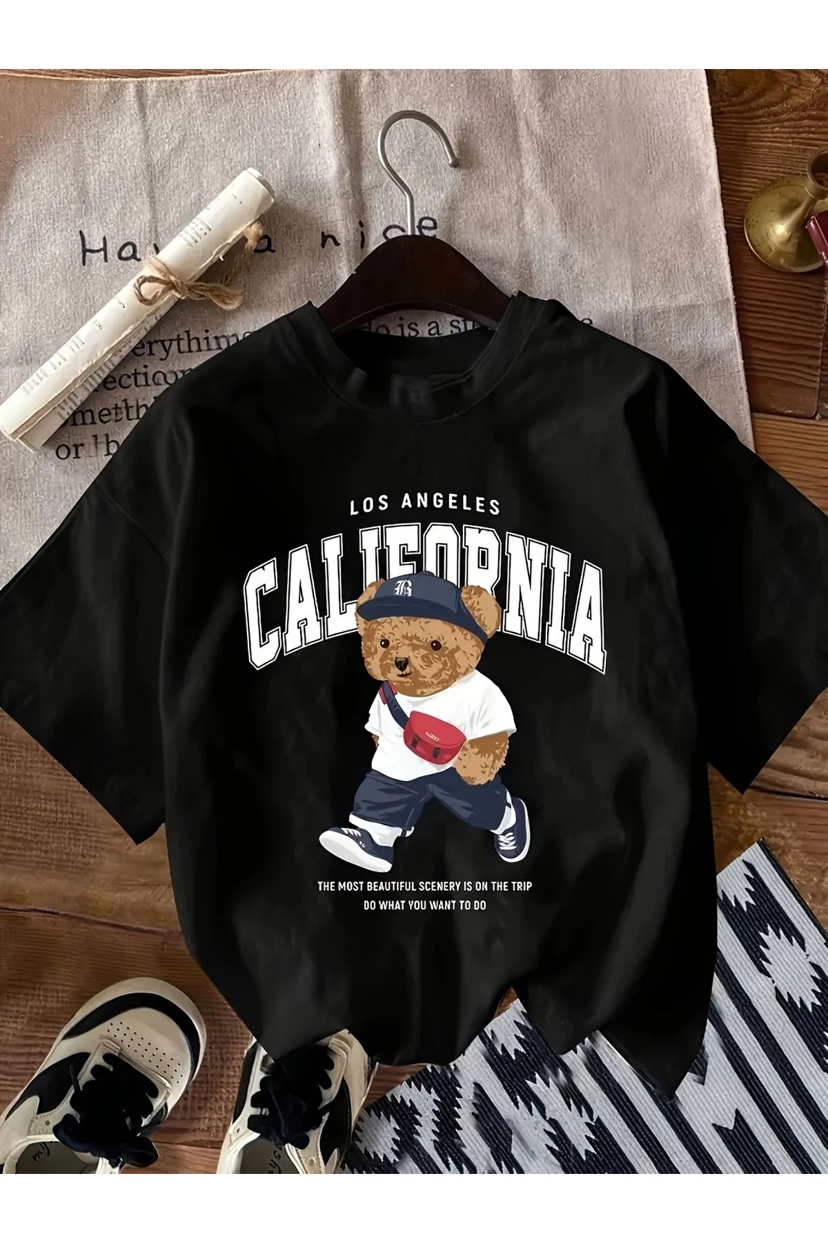 Massgai Unisex California Bear Baskılı Oversize %100 Pamuk T-shirt