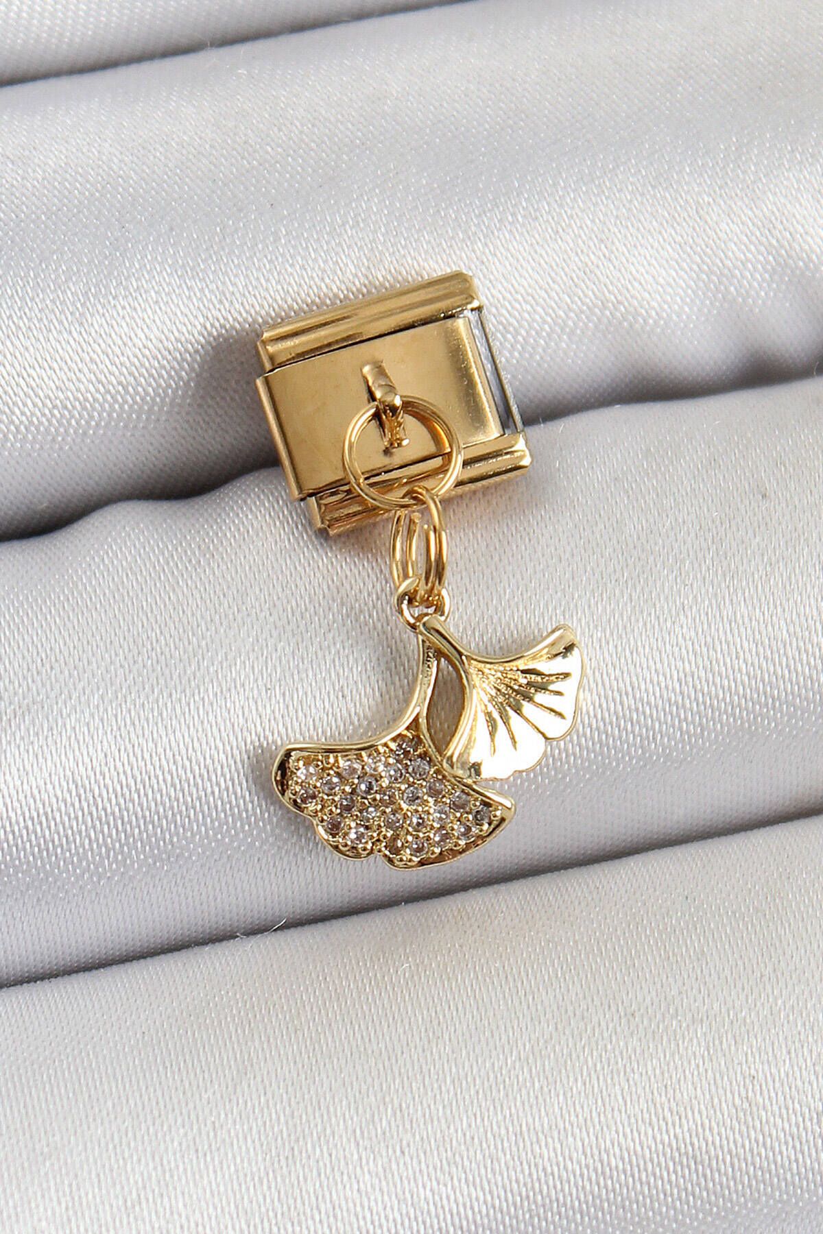 Avantaj Kapıda ® 316L Çelik Sallantılı Zirkon Taşlı Balık Kuyruğu Model Gold Renk Nomination Charm