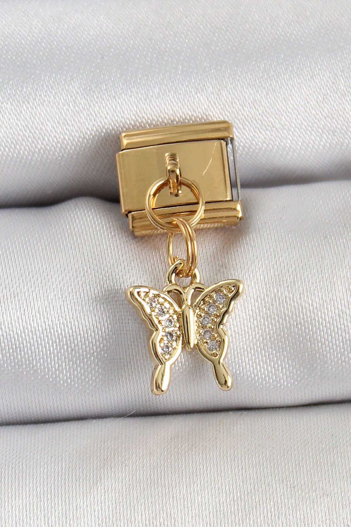 Avantaj Kapıda ® 316L Çelik Sallantılı Zirkon Taşlı Kelebek Model Gold Renk Nomination Charm