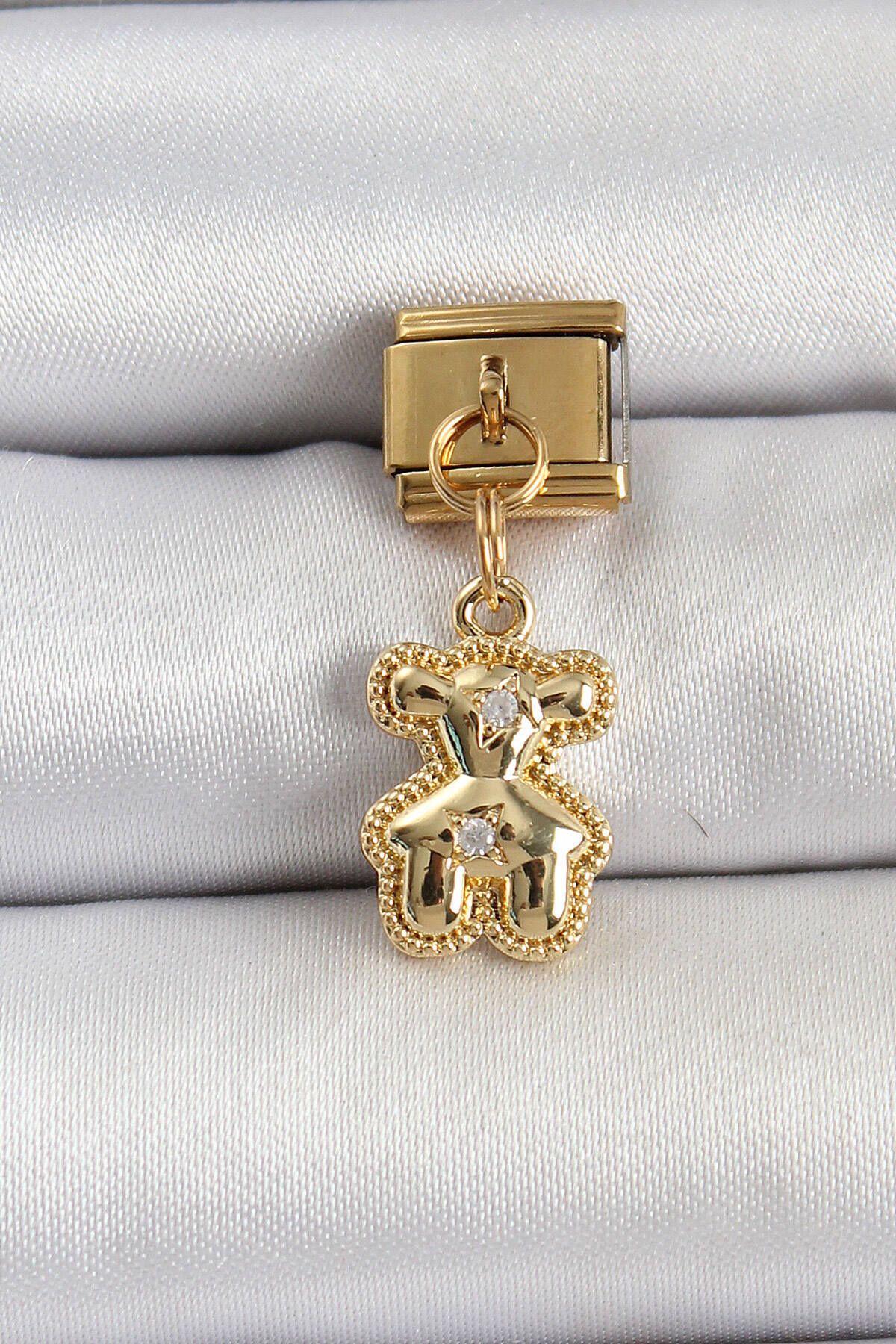 Avantaj Kapıda ® 316L Çelik Sallantılı Zirkon Taşlı Ayıcık Model Gold Renk Nomination Charm