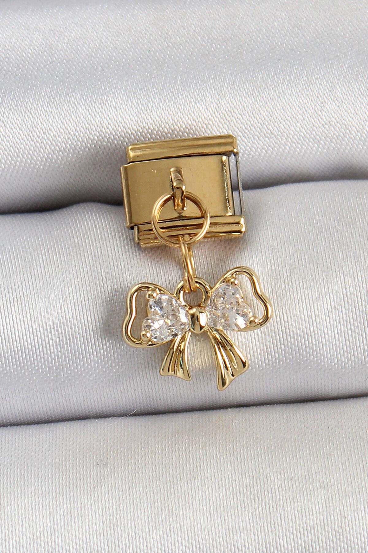 Avantaj Kapıda ® 316L Çelik Sallantılı Zirkon Taşlı Fiyonk Model Gold Renk Nomination Charm