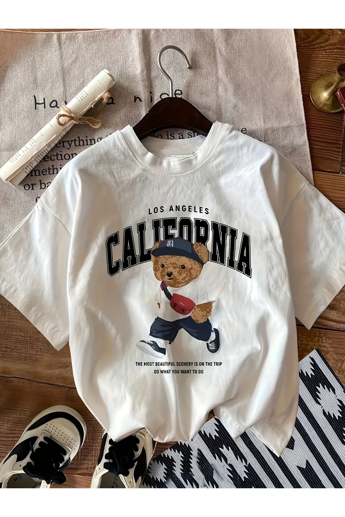 Massgai Unisex California Bear Baskılı Oversize %100 Pamuk T-shirt
