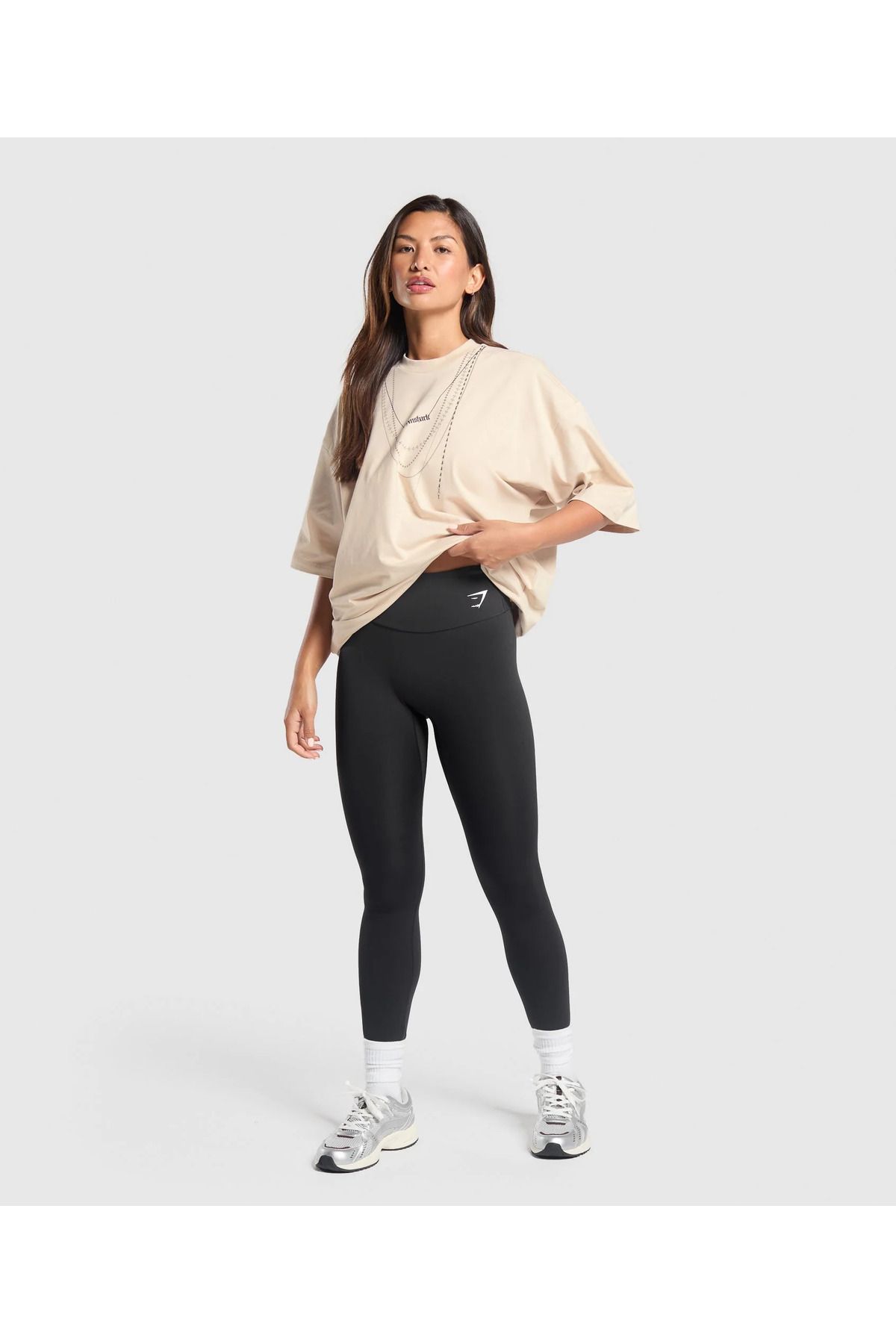 Glowery Kadın %100 Pamuk Bisiklet Yaka Oversize Uzun Krem Renk Nefes Alabilen Terletmeyen T-shirt