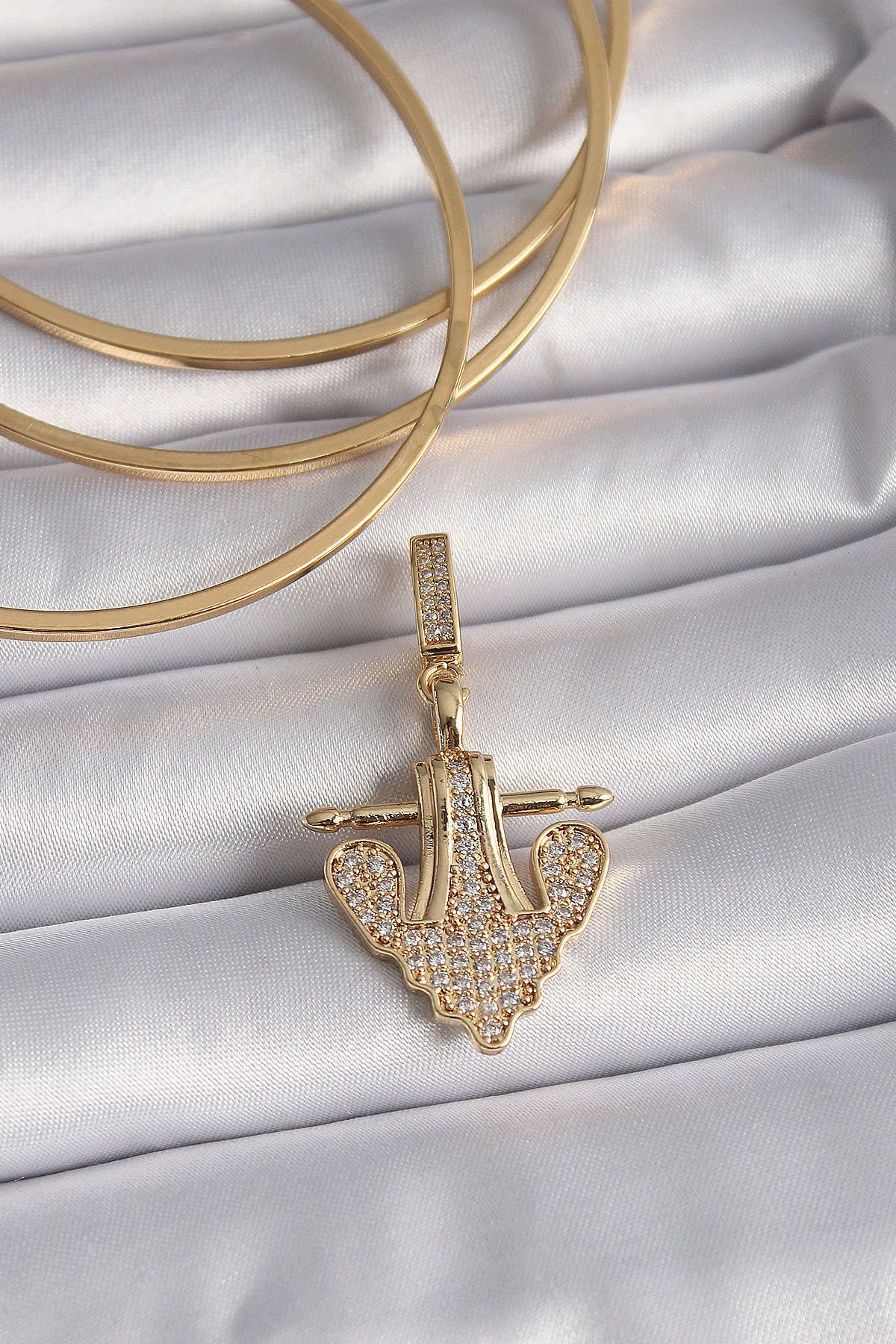 Avantaj Kapıda ® Pirinç Gold Renk Zirkon Taşlı Çapa Model Ajda Charm