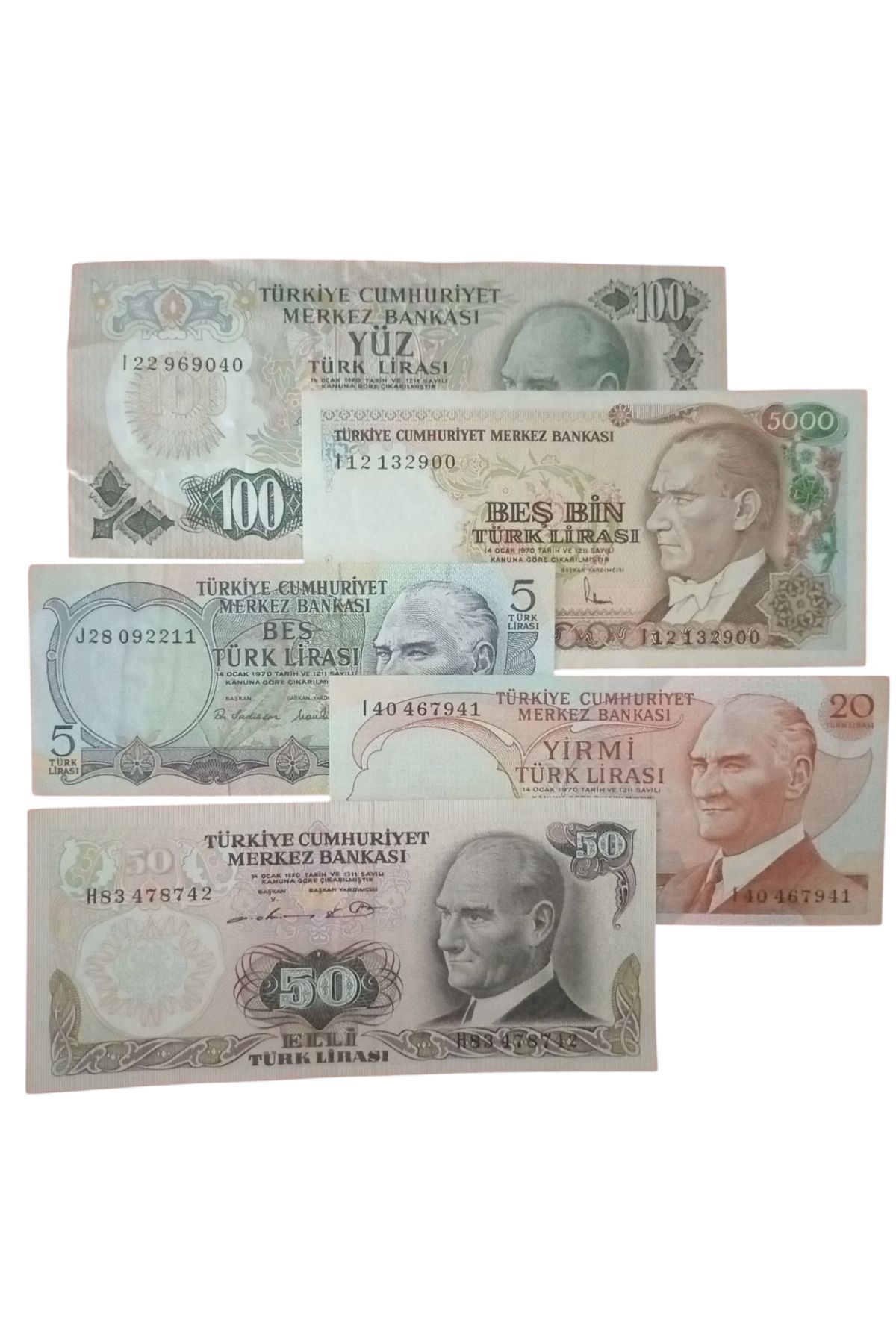 Yediotuz 6. 7. Emisyon 5 Adet Koleksiyon Kağıt Para, Para Koleksiyonu Eski Para Hobi Hediye Antika Darpane