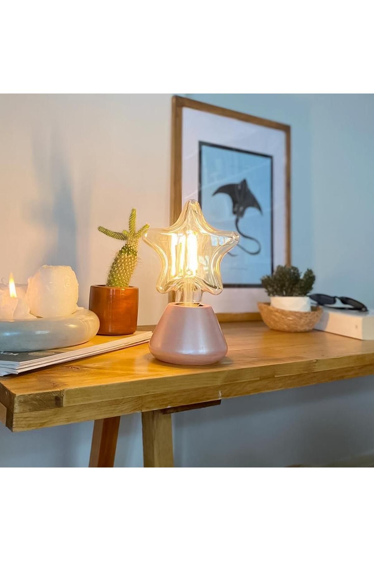 SerenityHaven Dml01017 - Pembe İnci Konik Gövde 4w Yıldız Rustik Ampul Dekoratif Masa Üstü Lamba