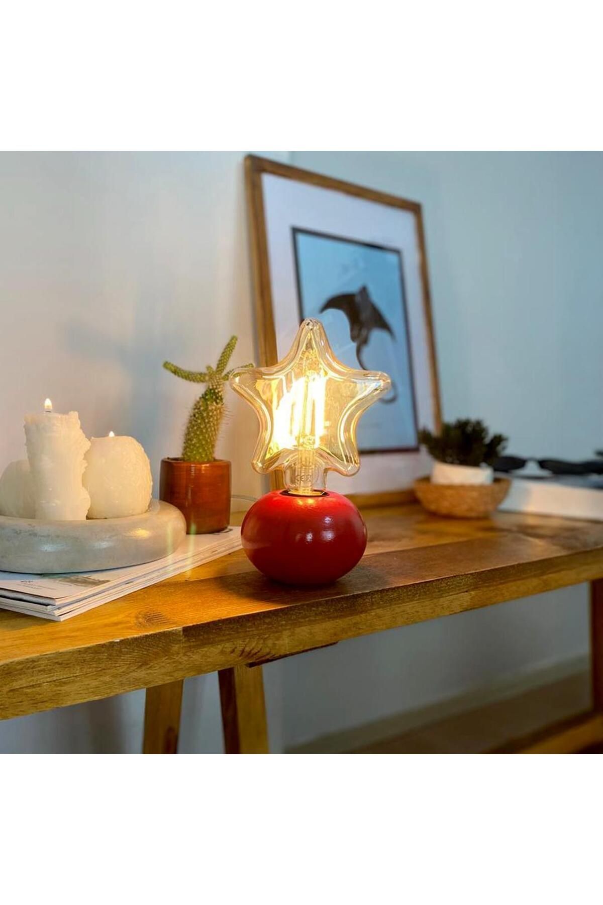 SerenityHaven Dml01056 - Kırmızı Küre Gövde 4w Yıldız Rustik Ampul Dekoratif Masa Üstü Lamba